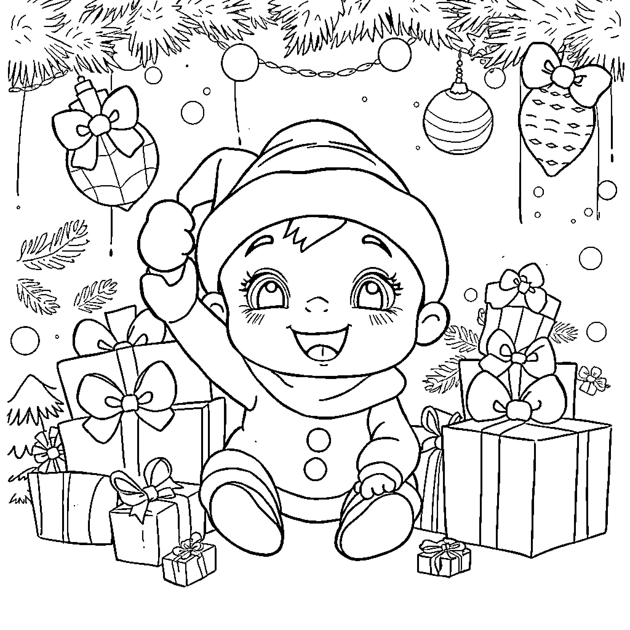 Baby Saja's Festive Celebration with Gifts and Decorations Coloring Page (free black-and-white line drawing printable PDF for all, from beginners to advanced learners, including children, teens, adults, and seniors)