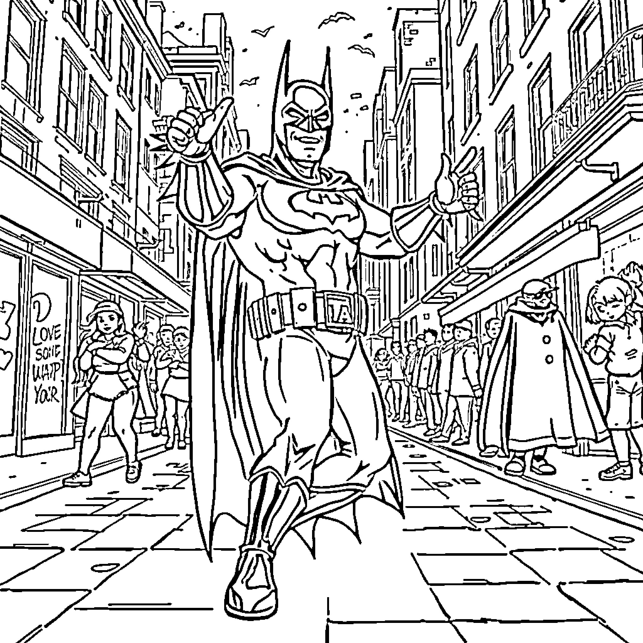 Batman in action-packed city scene Coloring Page (free black-and-white line drawing printable PDF for all, from beginners to advanced learners, including children, teens, adults, and seniors)