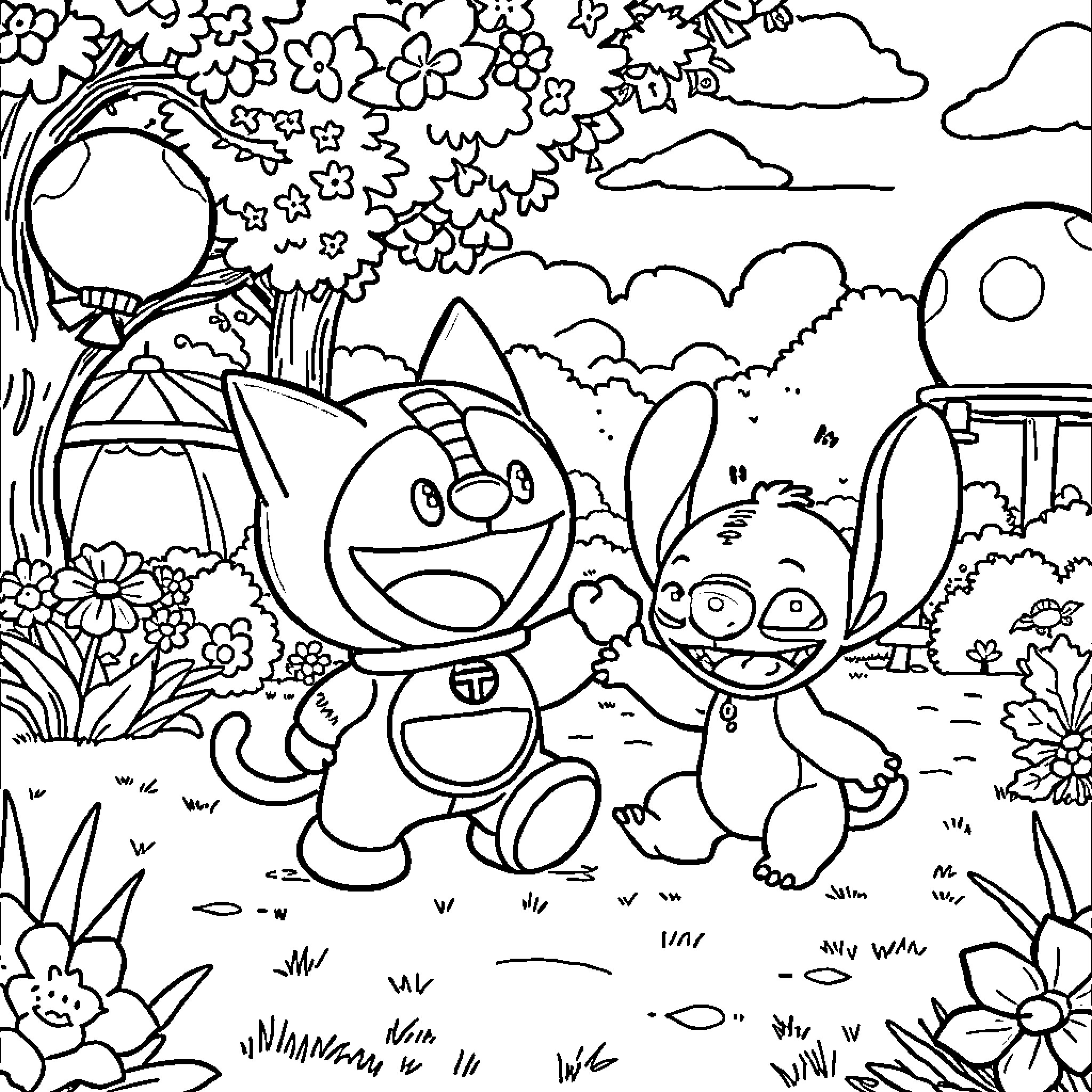 Doraemon and Stitch exploring a magical forest Coloring Page (free black-and-white line drawing printable PDF for all, from beginners to advanced learners, including children, teens, adults, and seniors)
