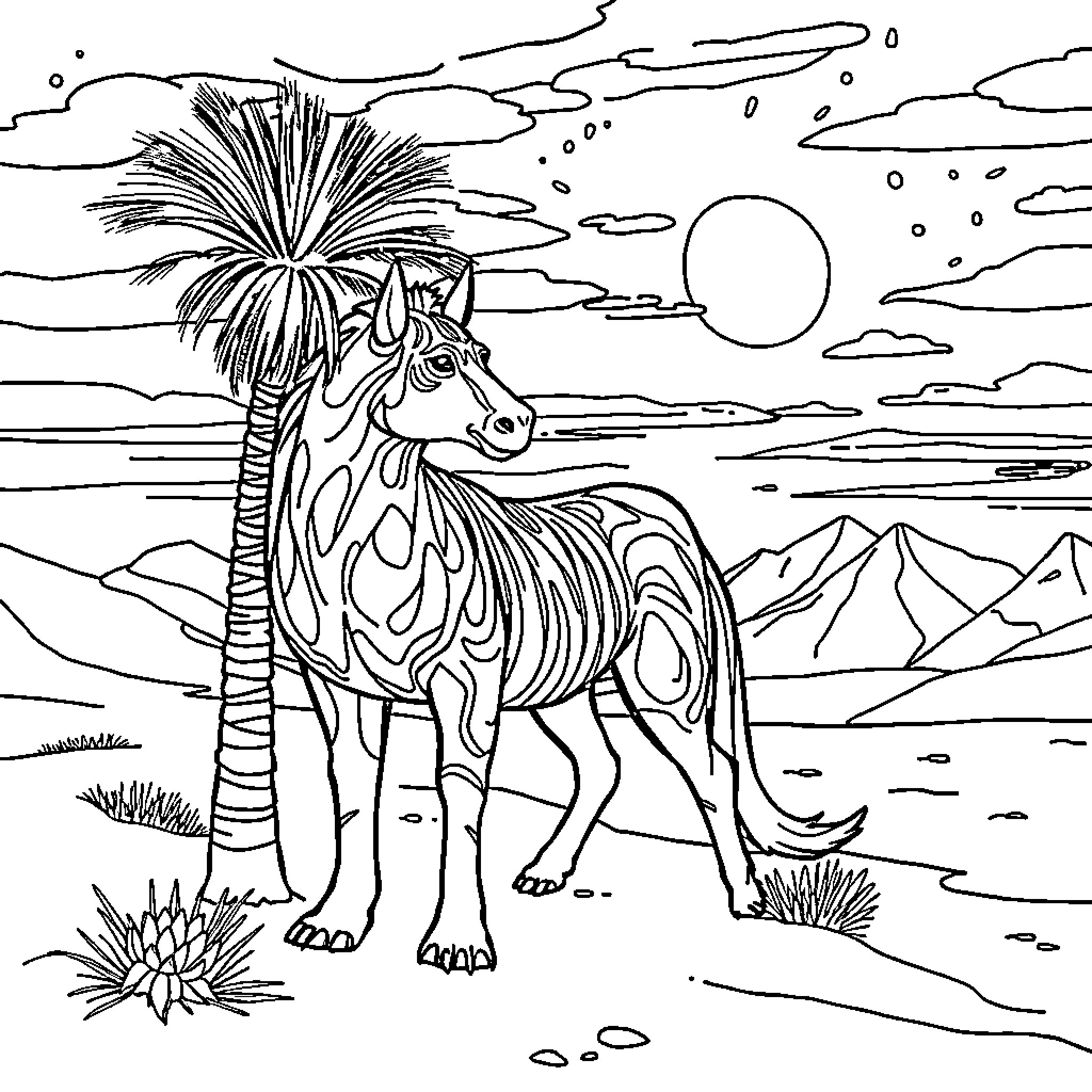 Loro in the Serene Wilderness Coloring Page (free black-and-white line drawing printable PDF for all, from beginners to advanced learners, including children, teens, adults, and seniors)