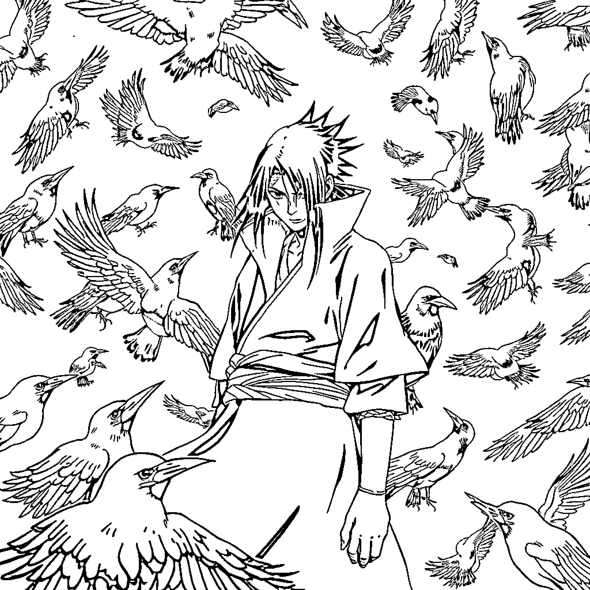 Itachi surrounded by a flock of birds Coloring Page (free black-and-white line drawing printable PDF for all, from beginners to advanced learners, including children, teens, adults, and seniors)
