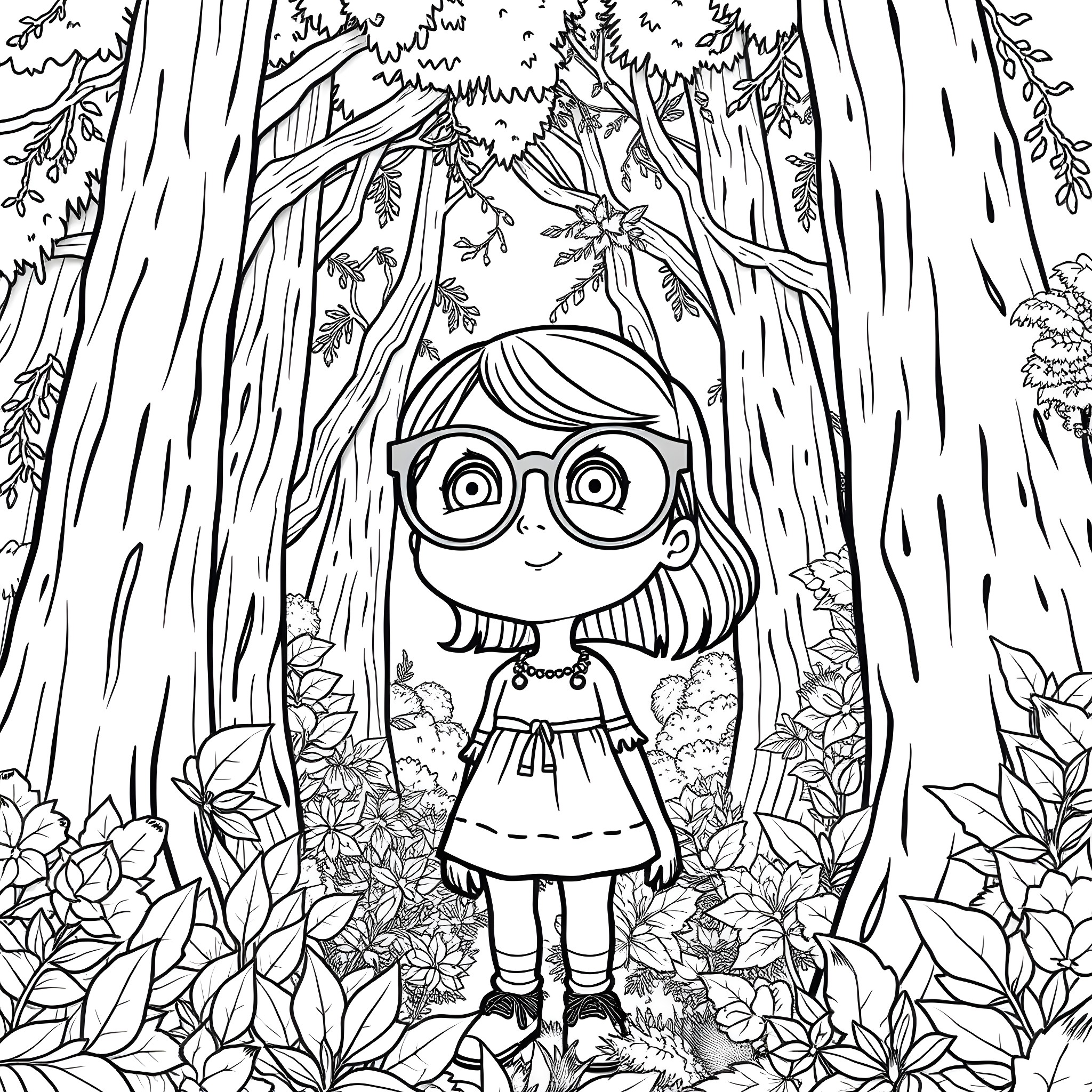 Nerd Girl Exploring the Enchanting Forest Coloring Page (free black-and-white line drawing printable PDF for all, from beginners to advanced learners, including children, teens, adults, and seniors)