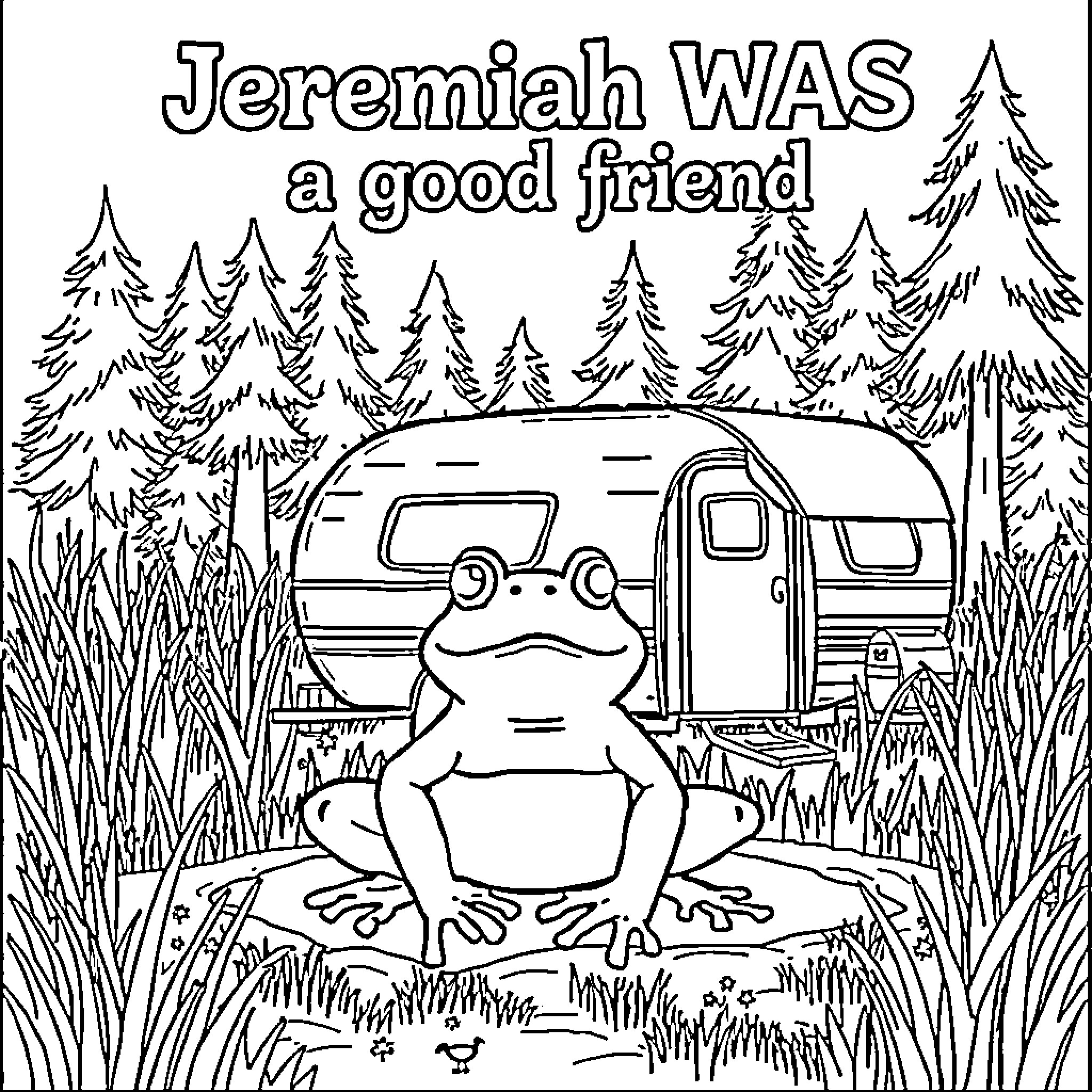 Bullfrog camping in the woods with a trailer Coloring Page (free black-and-white line drawing printable PDF for all, from beginners to advanced learners, including children, teens, adults, and seniors)