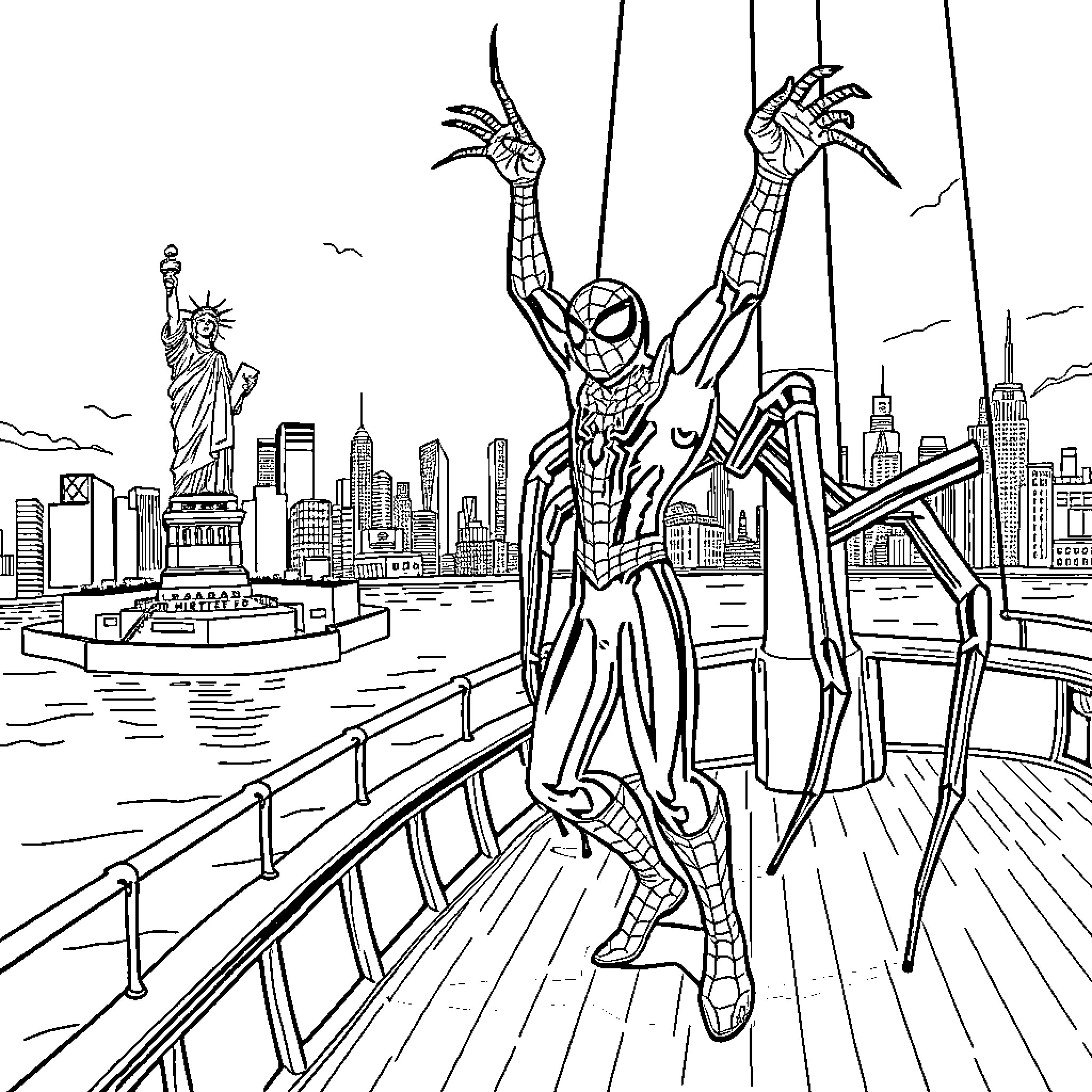 Spiderman swinging over the city with the Statue of Liberty Coloring Page (free black-and-white line drawing printable PDF for all, from beginners to advanced learners, including children, teens, adults, and seniors)