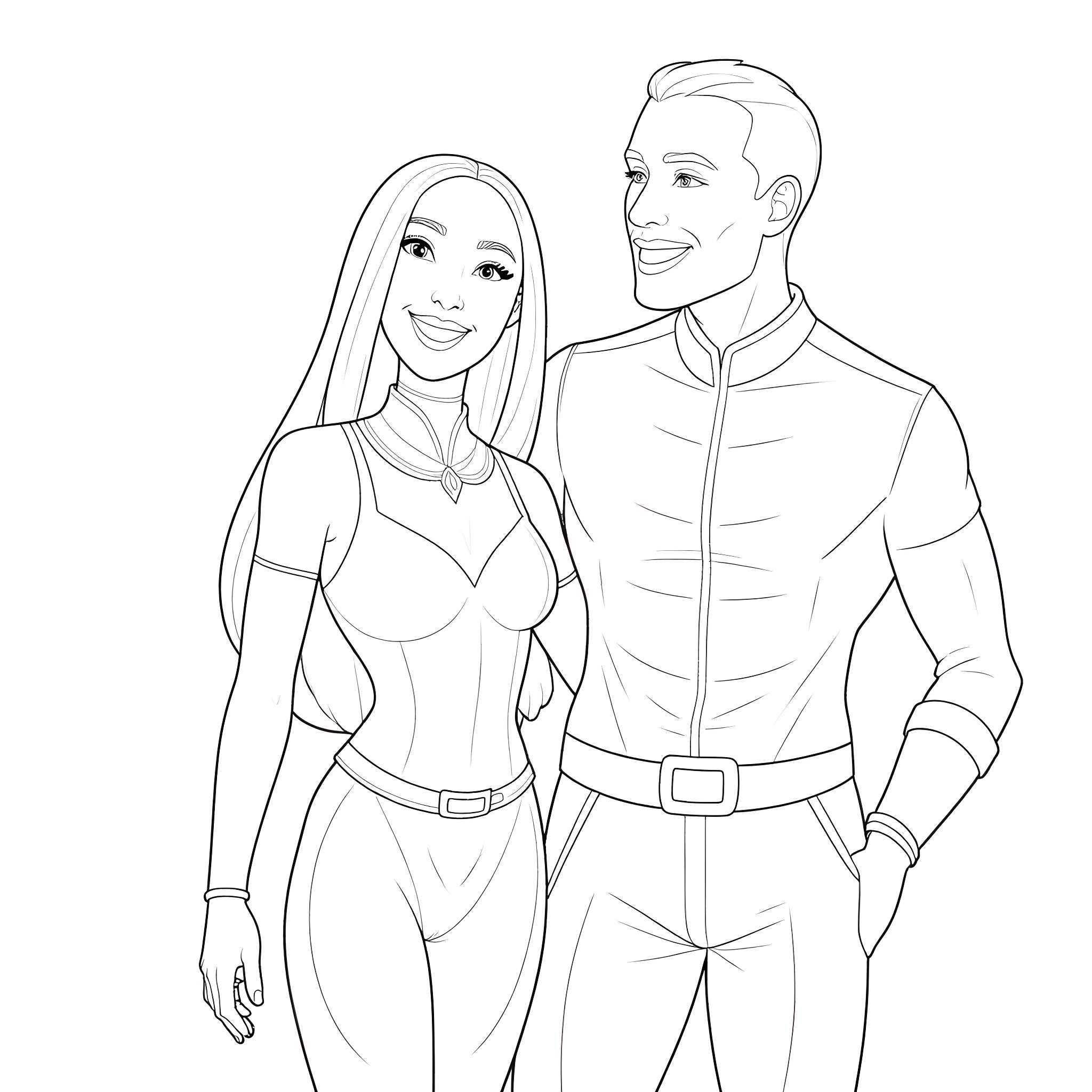 Tali Zorah and her companion posing together Coloring Page (free black-and-white line drawing printable PDF for all, from beginners to advanced learners, including children, teens, adults, and seniors)