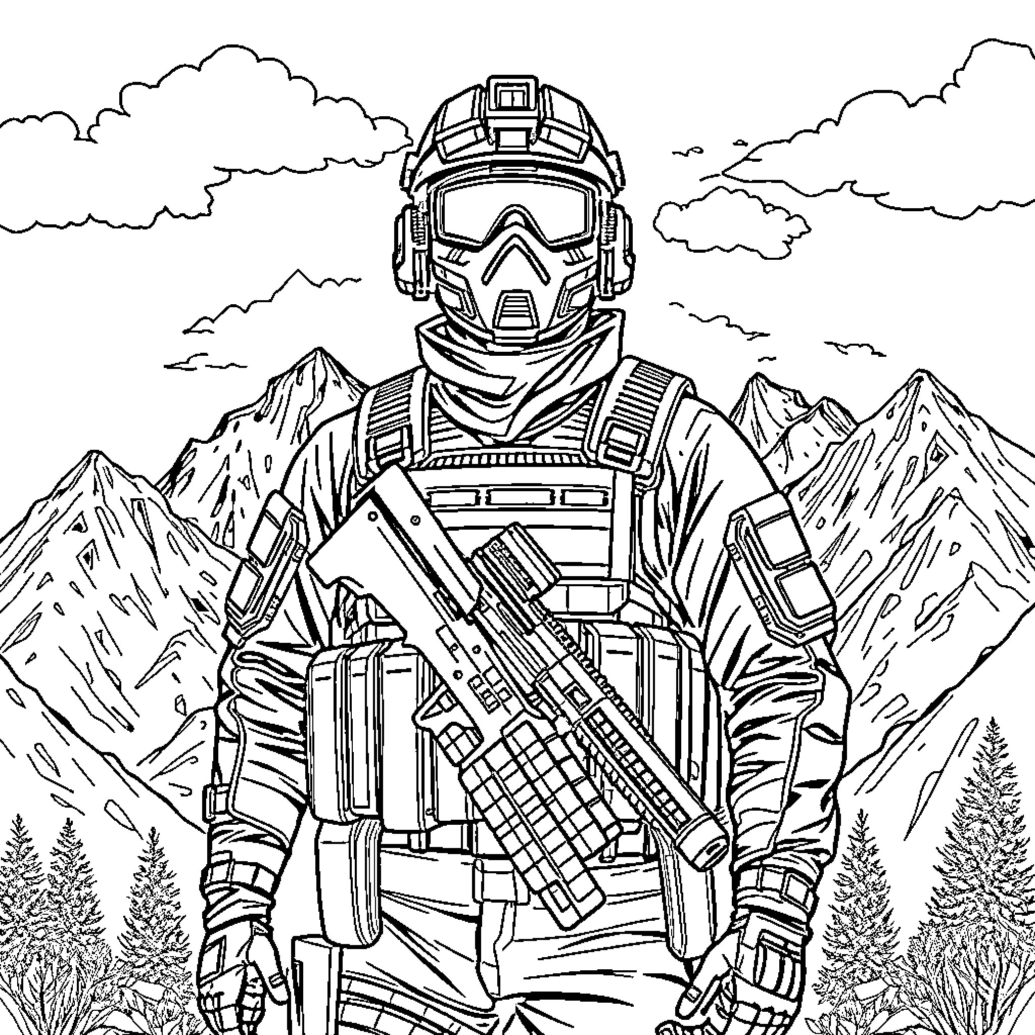 Soldier in tactical gear stands ready in mountainous terrain Coloring Page (free black-and-white line drawing printable PDF for all, from beginners to advanced learners, including children, teens, adults, and seniors)
