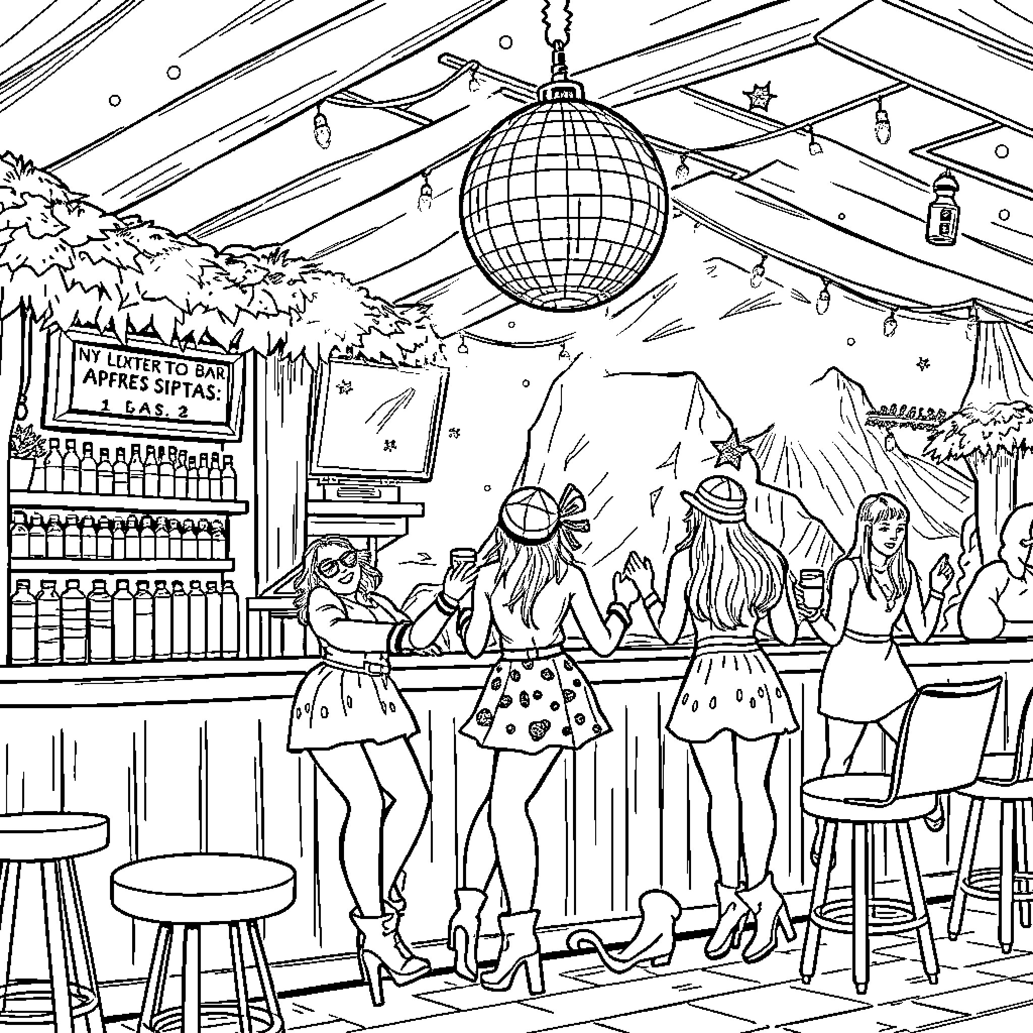 Bar Patrons Enjoying Lively Evening Together Coloring Page (free black-and-white line drawing printable PDF for all, from beginners to advanced learners, including children, teens, adults, and seniors)