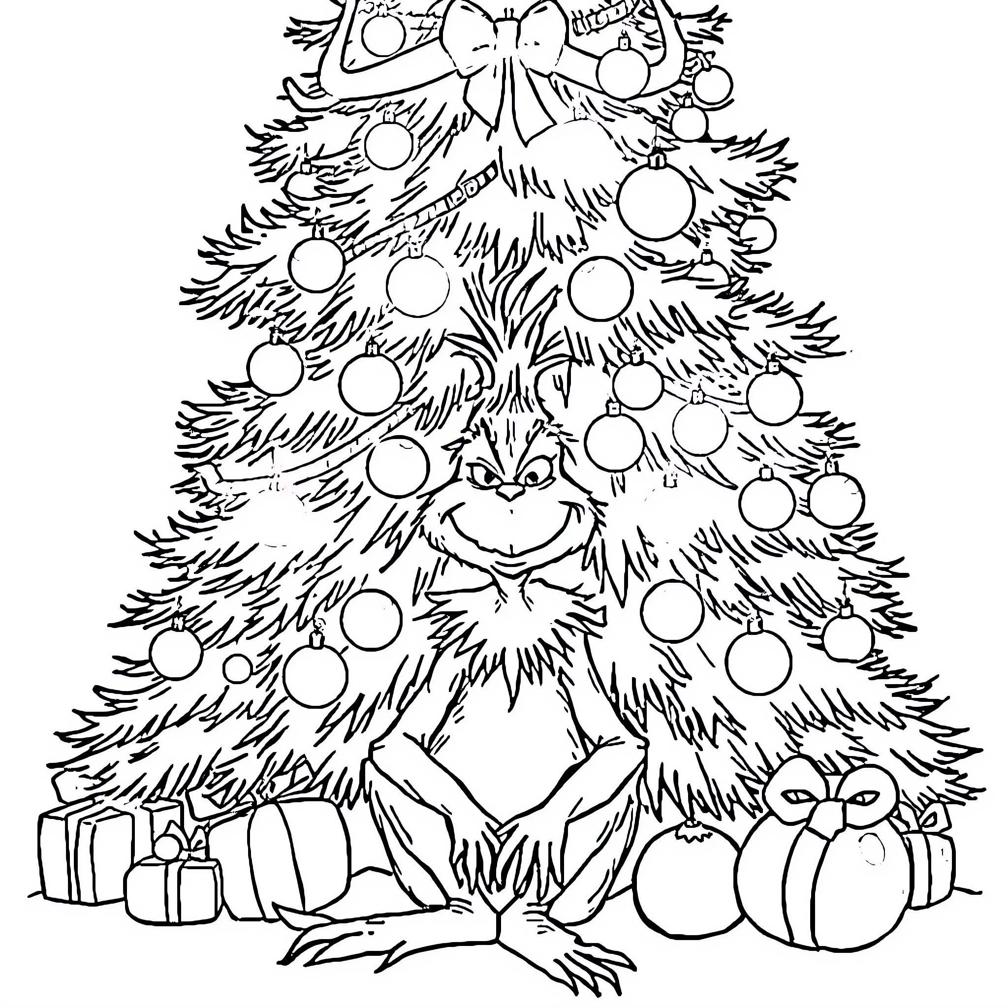 Grinch decorating a Christmas tree with ornaments Coloring Page (free black-and-white line drawing printable PDF for all, from beginners to advanced learners, including children, teens, adults, and seniors)