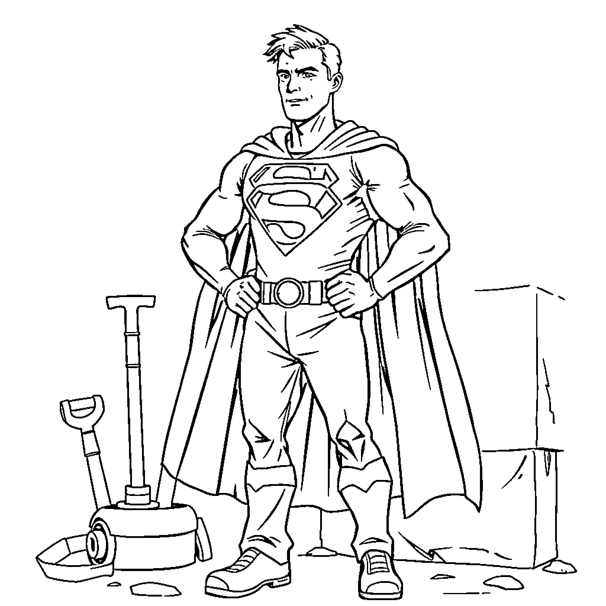 Stonemason superhero in construction site Coloring Page (free black-and-white line drawing printable PDF for all, from beginners to advanced learners, including children, teens, adults, and seniors)