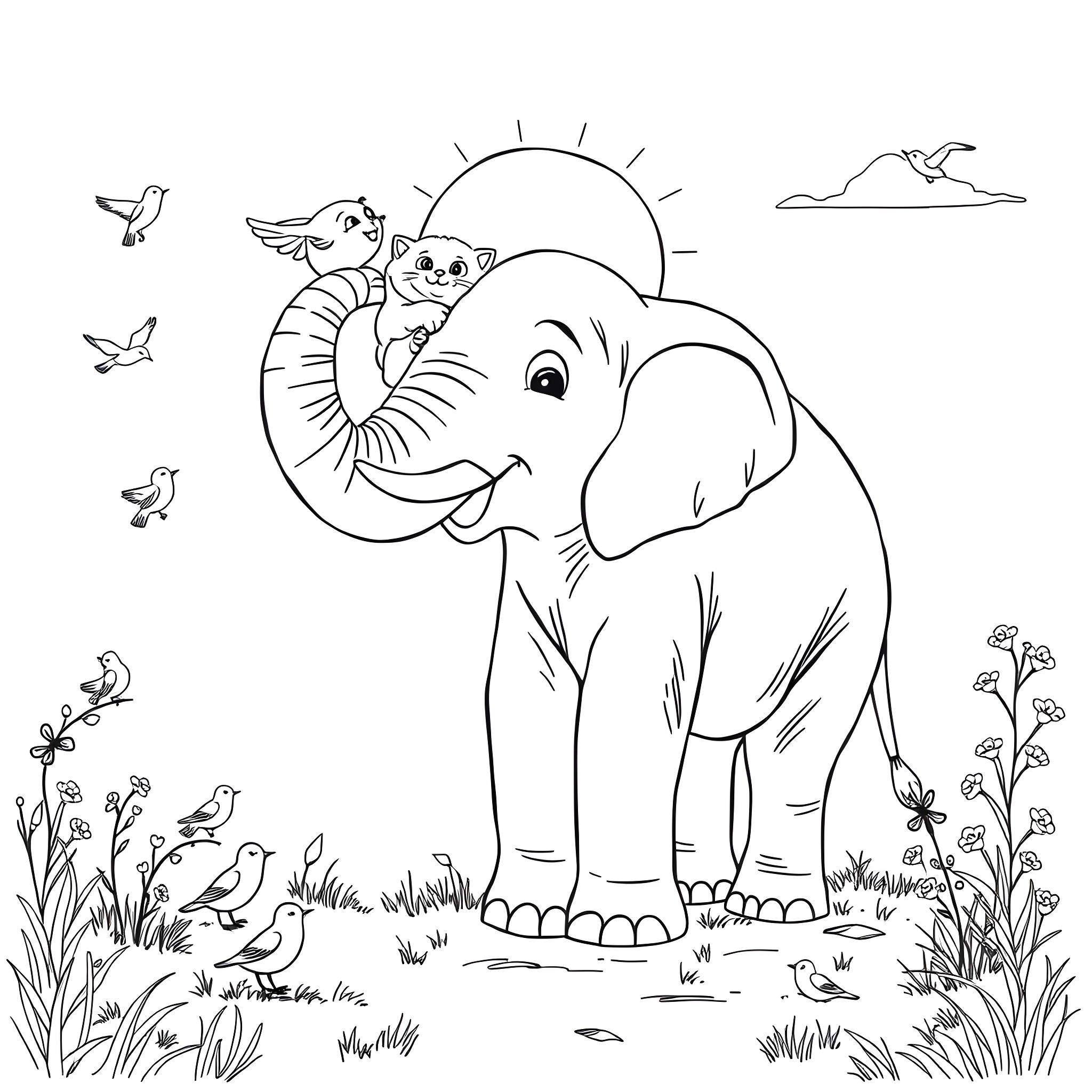 Elephant and friends in a peaceful nature scene Coloring Page (free black-and-white line drawing printable PDF for all, from beginners to advanced learners, including children, teens, adults, and seniors)
