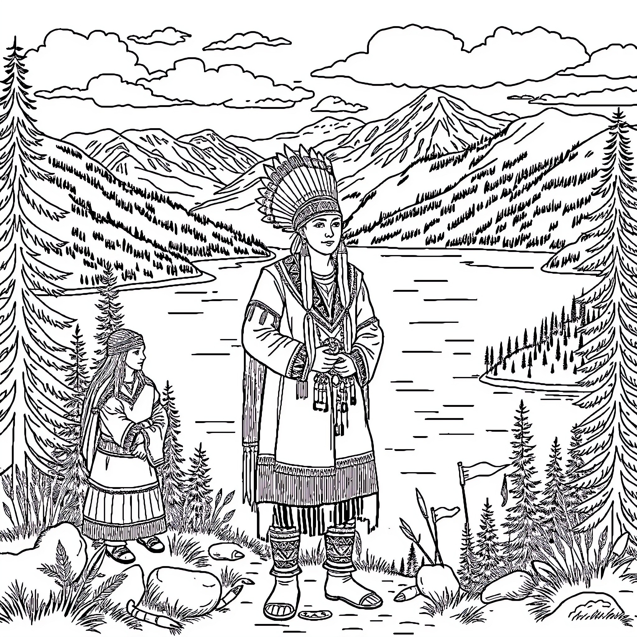 Coeur D'Alene Native American Figures in Mountain Landscape Coloring Page (free black-and-white line drawing printable PDF for all, from beginners to advanced learners, including children, teens, adults, and seniors)