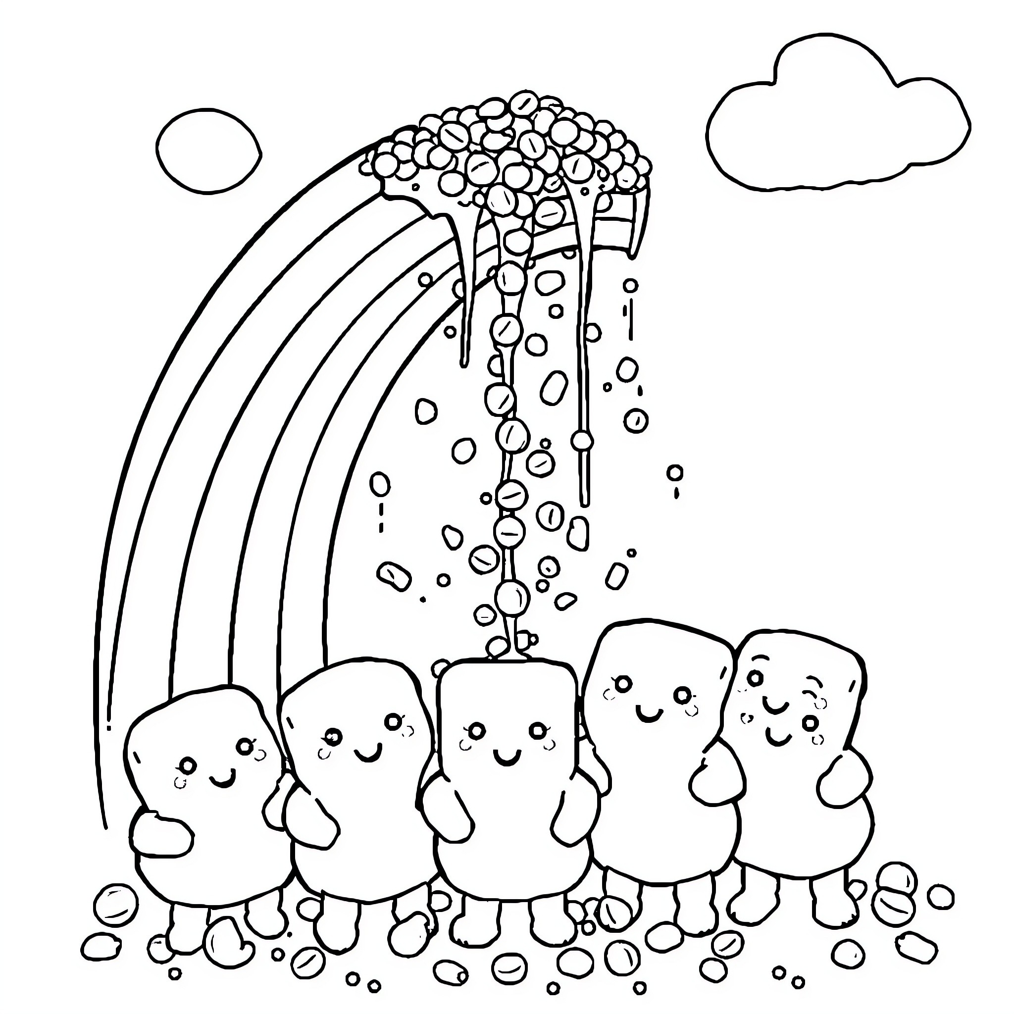 Rainbow of Delightful Characters Under a Whimsical Sky Coloring Page (free black-and-white line drawing printable PDF for all, from beginners to advanced learners, including children, teens, adults, and seniors)