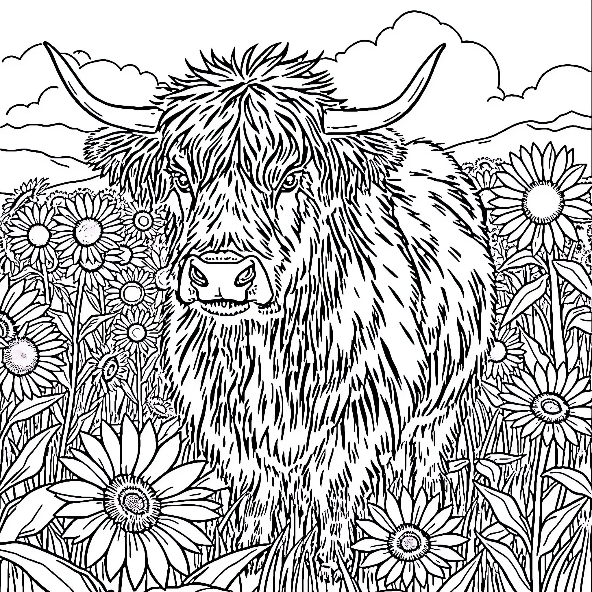 Highland Cow enjoying a flowery meadow Coloring Page (free black-and-white line drawing printable PDF for all, from beginners to advanced learners, including children, teens, adults, and seniors)