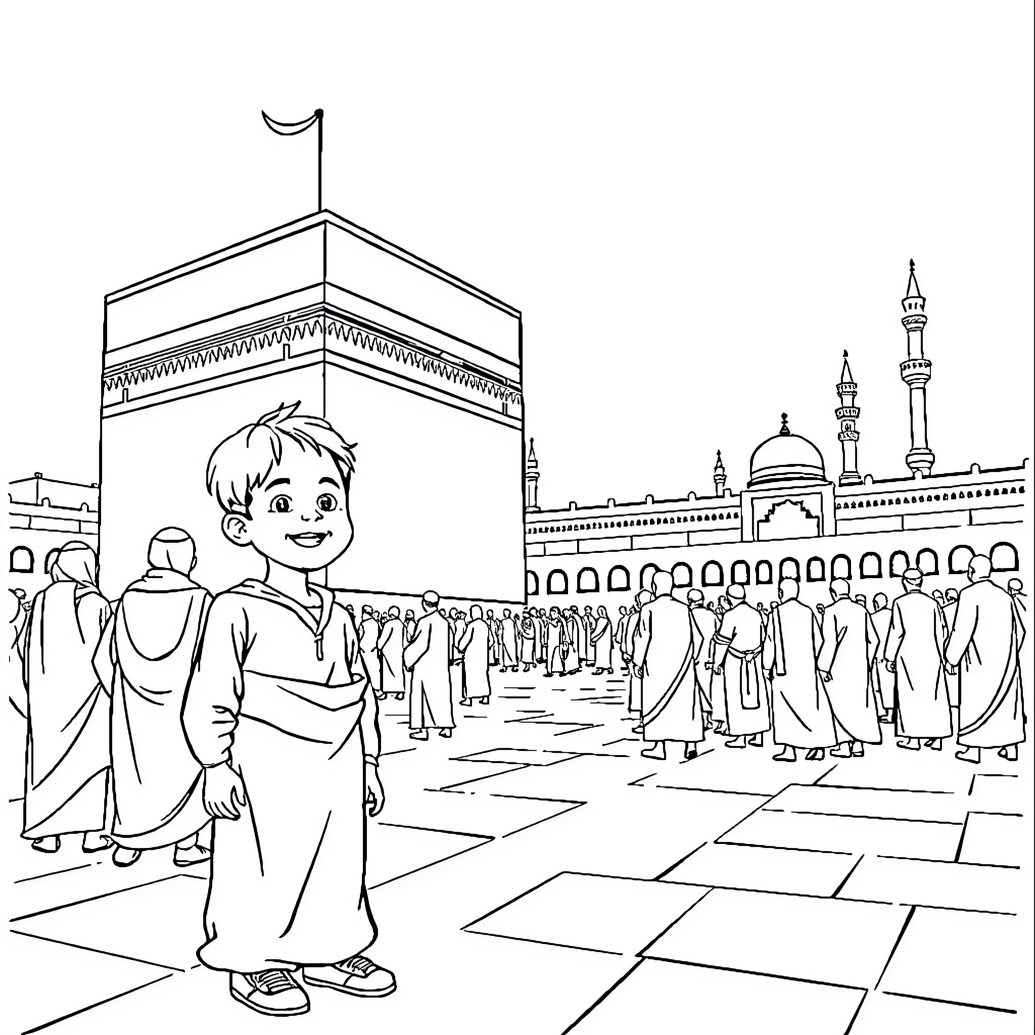 Boy exploring the sacred Kaaba in Mecca Coloring Page (free black-and-white line drawing printable PDF for all, from beginners to advanced learners, including children, teens, adults, and seniors)