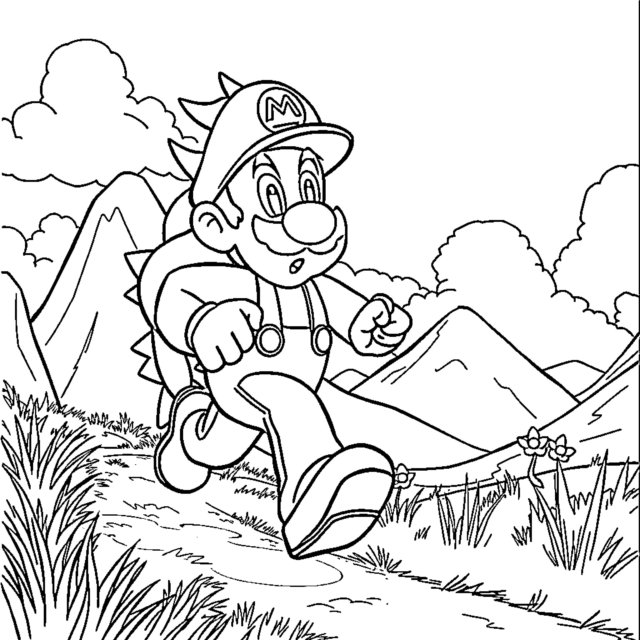 Luigi's Joyful Adventure in the Wilderness Coloring Page (free black-and-white line drawing printable PDF for all, from beginners to advanced learners, including children, teens, adults, and seniors)
