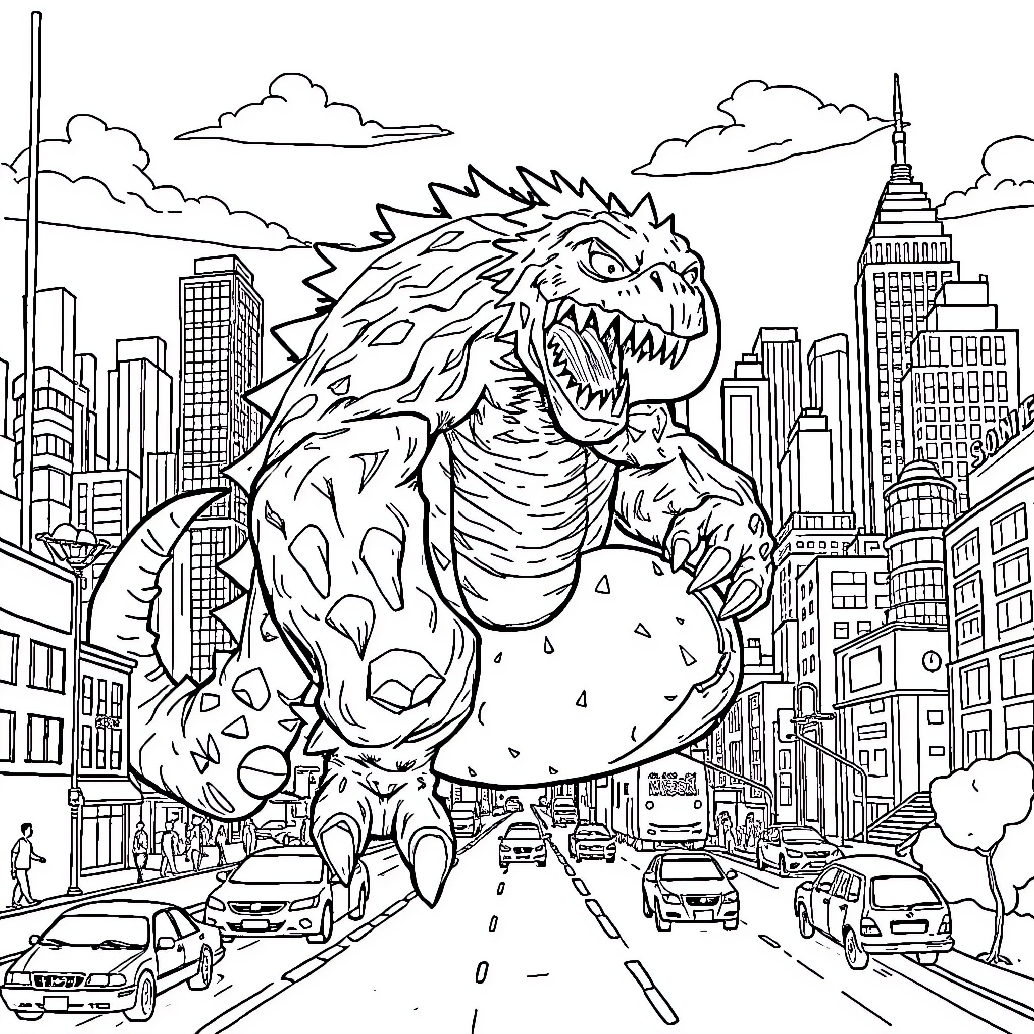 Monster Rampaging Through Cityscape Coloring Page (free black-and-white line drawing printable PDF for all, from beginners to advanced learners, including children, teens, adults, and seniors)