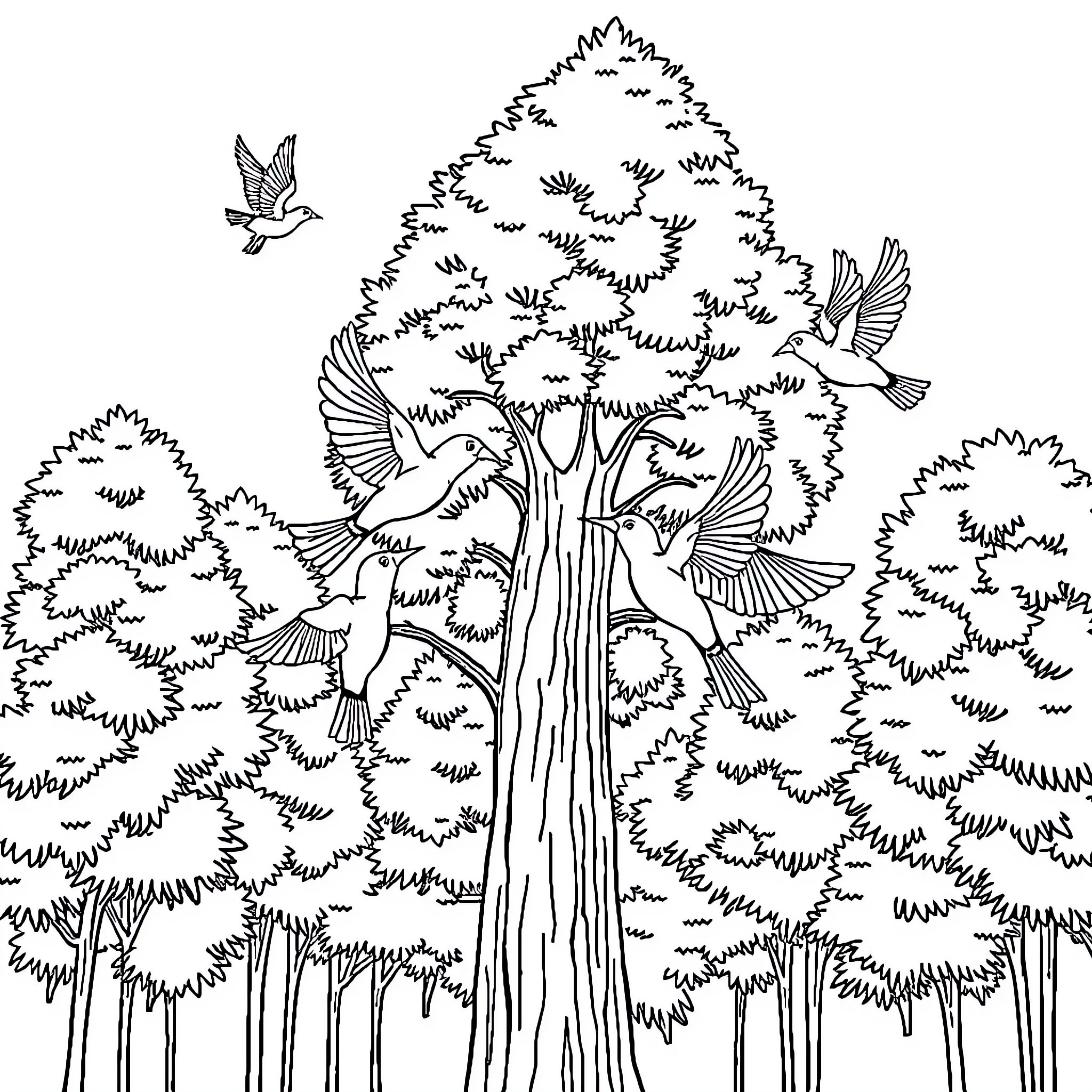 Birds in a Tranquil Forest Scene Coloring Page (free black-and-white line drawing printable PDF for all, from beginners to advanced learners, including children, teens, adults, and seniors)