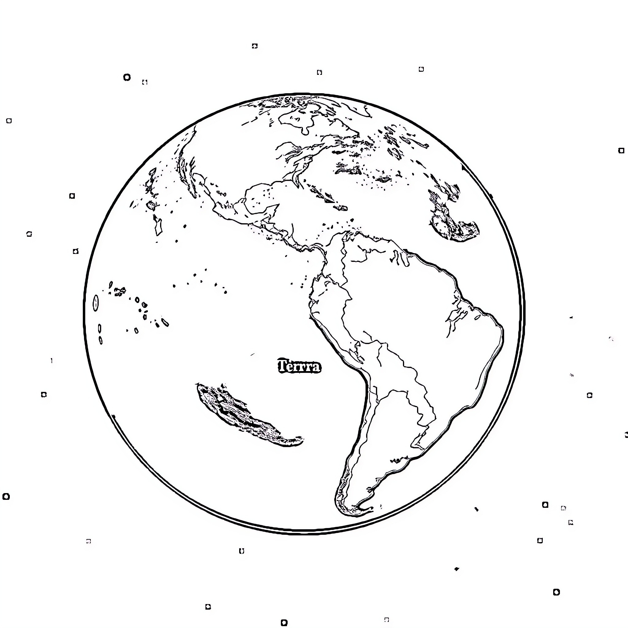 Earth's continents and oceans outlined Coloring Page (free black-and-white line drawing printable PDF for all, from beginners to advanced learners, including children, teens, adults, and seniors)