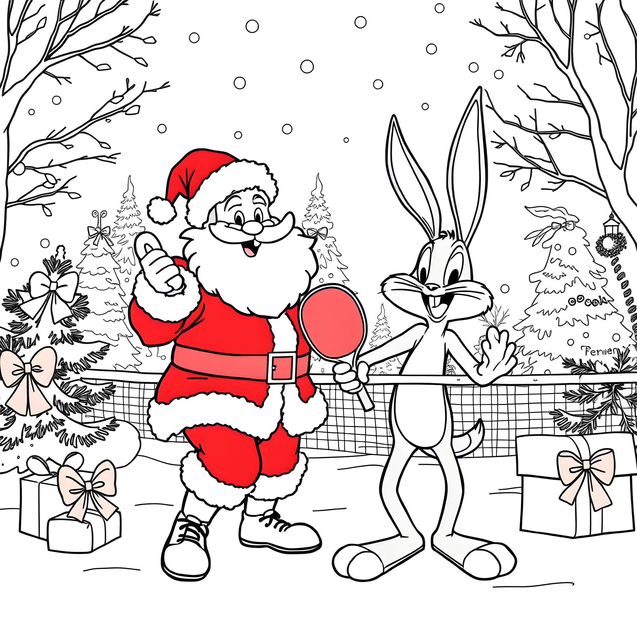 Santa and Bugs Bunny Celebrating Christmas Coloring Page (free black-and-white line drawing printable PDF for all, from beginners to advanced learners, including children, teens, adults, and seniors)
