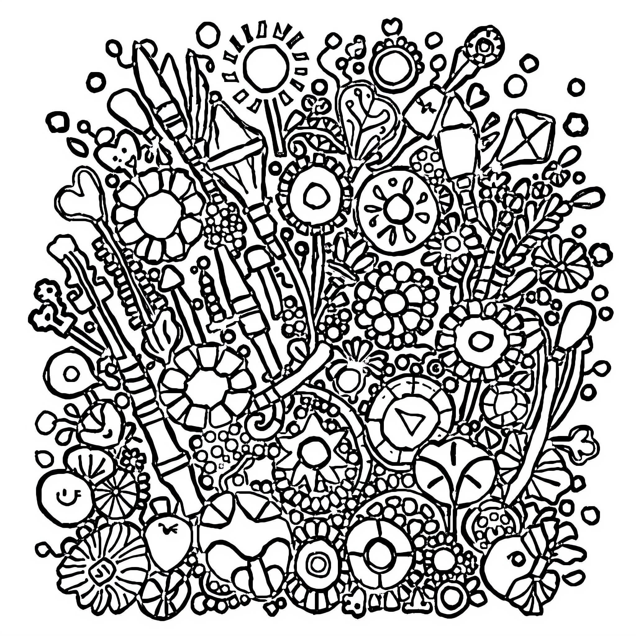 Doodle of Whimsical Shapes and Patterns Coloring Page (free black-and-white line drawing printable PDF for all, from beginners to advanced learners, including children, teens, adults, and seniors)