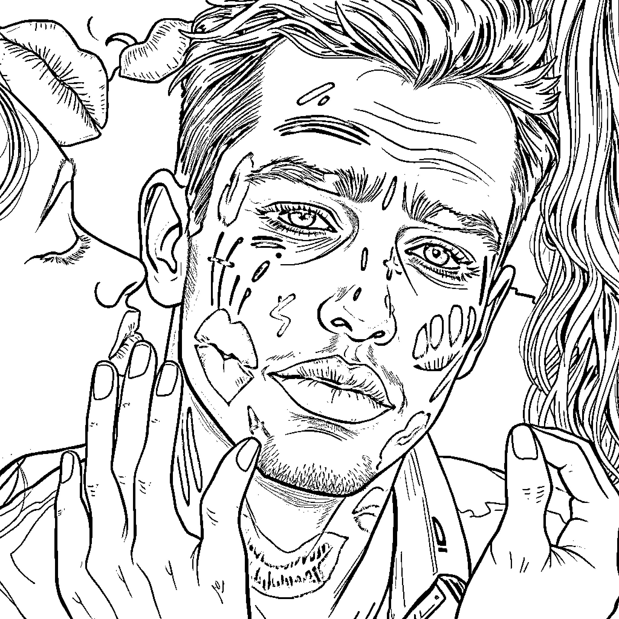 Kiss of a Troubled Man Coloring Page (free black-and-white line drawing printable PDF for all, from beginners to advanced learners, including children, teens, adults, and seniors)