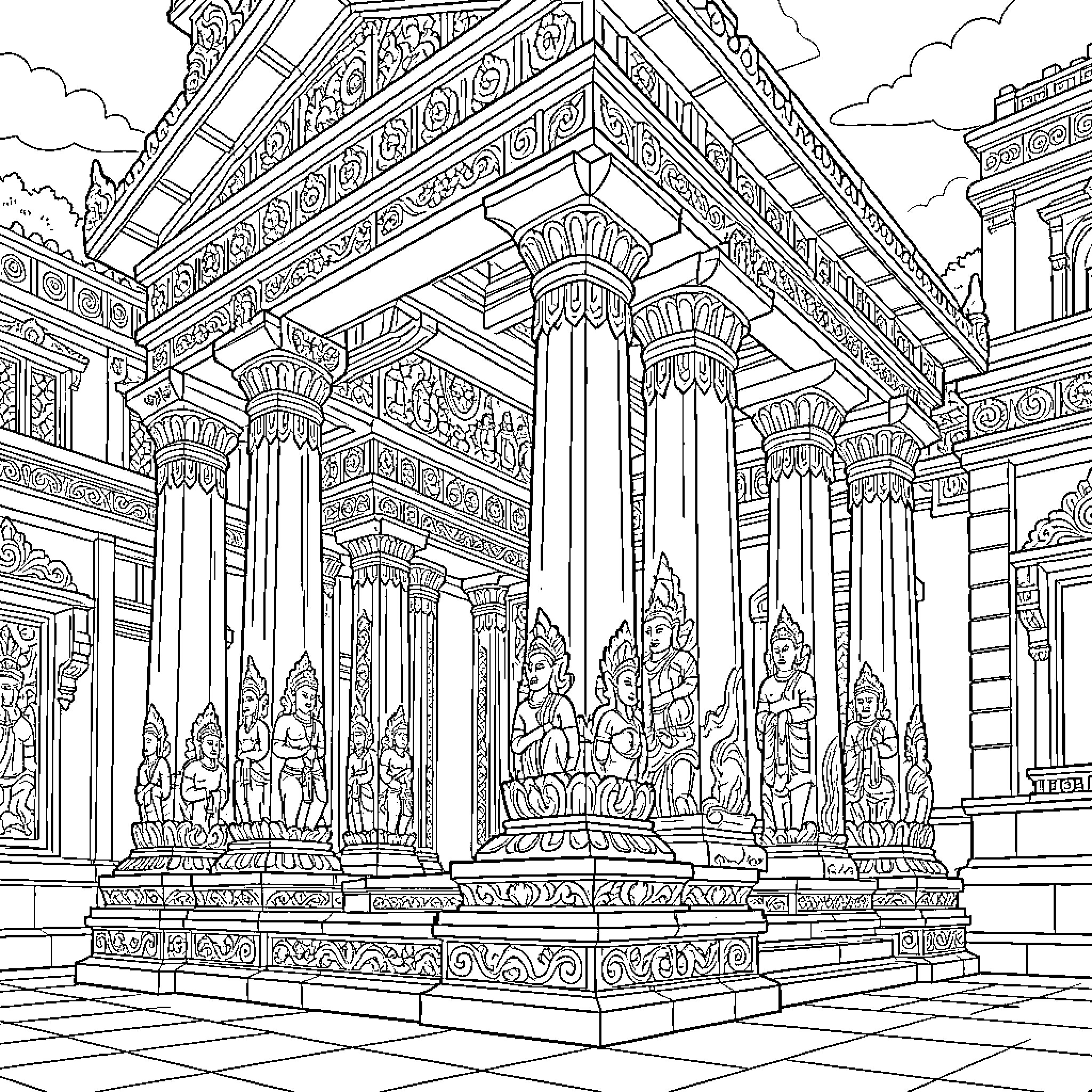 Temple with Elaborate Architectural Details and Figures Coloring Page (free black-and-white line drawing printable PDF for all, from beginners to advanced learners, including children, teens, adults, and seniors)