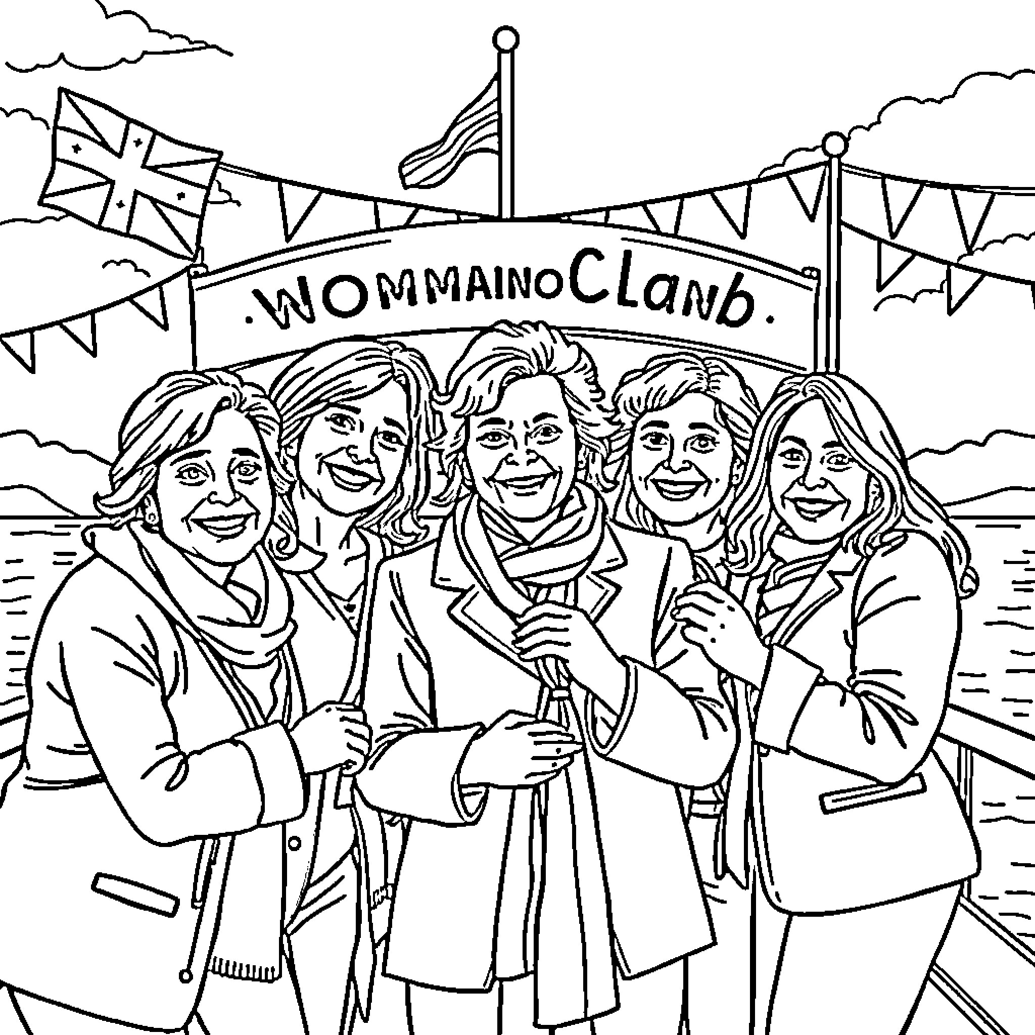 Women celebrating together at community event Coloring Page (free black-and-white line drawing printable PDF for all, from beginners to advanced learners, including children, teens, adults, and seniors)