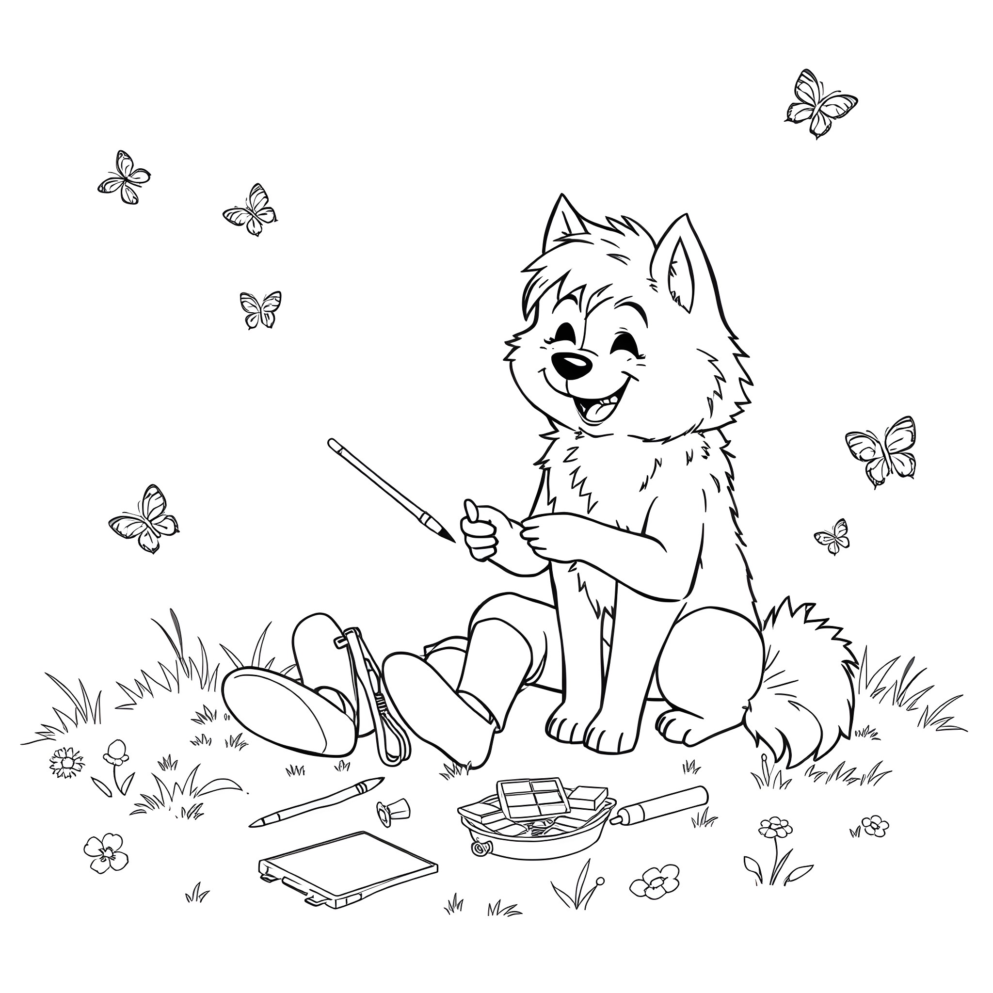 Boy playing happily with butterflies in the park Coloring Page (free black-and-white line drawing printable PDF for all, from beginners to advanced learners, including children, teens, adults, and seniors)