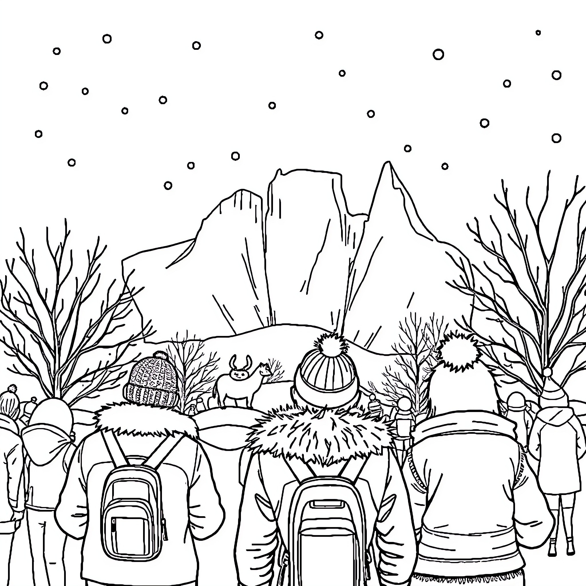 Australia: Hikers exploring scenic mountain landscape Coloring Page (free black-and-white line drawing printable PDF for all, from beginners to advanced learners, including children, teens, adults, and seniors)