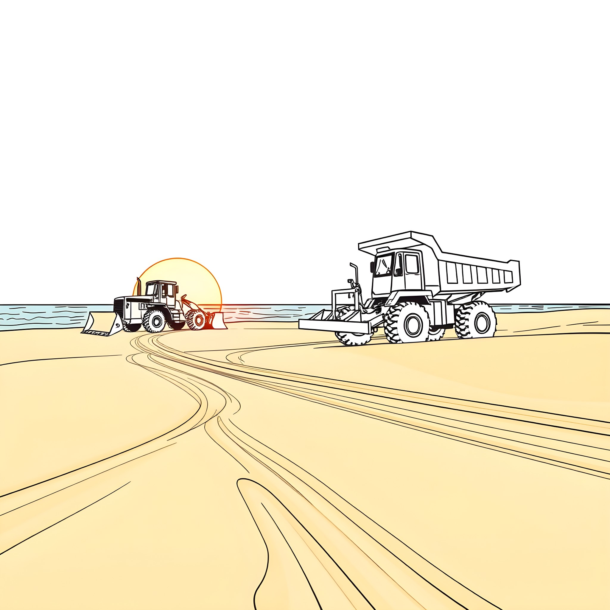 Bulldozer clearing a path in the desert Coloring Page (free black-and-white line drawing printable PDF for all, from beginners to advanced learners, including children, teens, adults, and seniors)