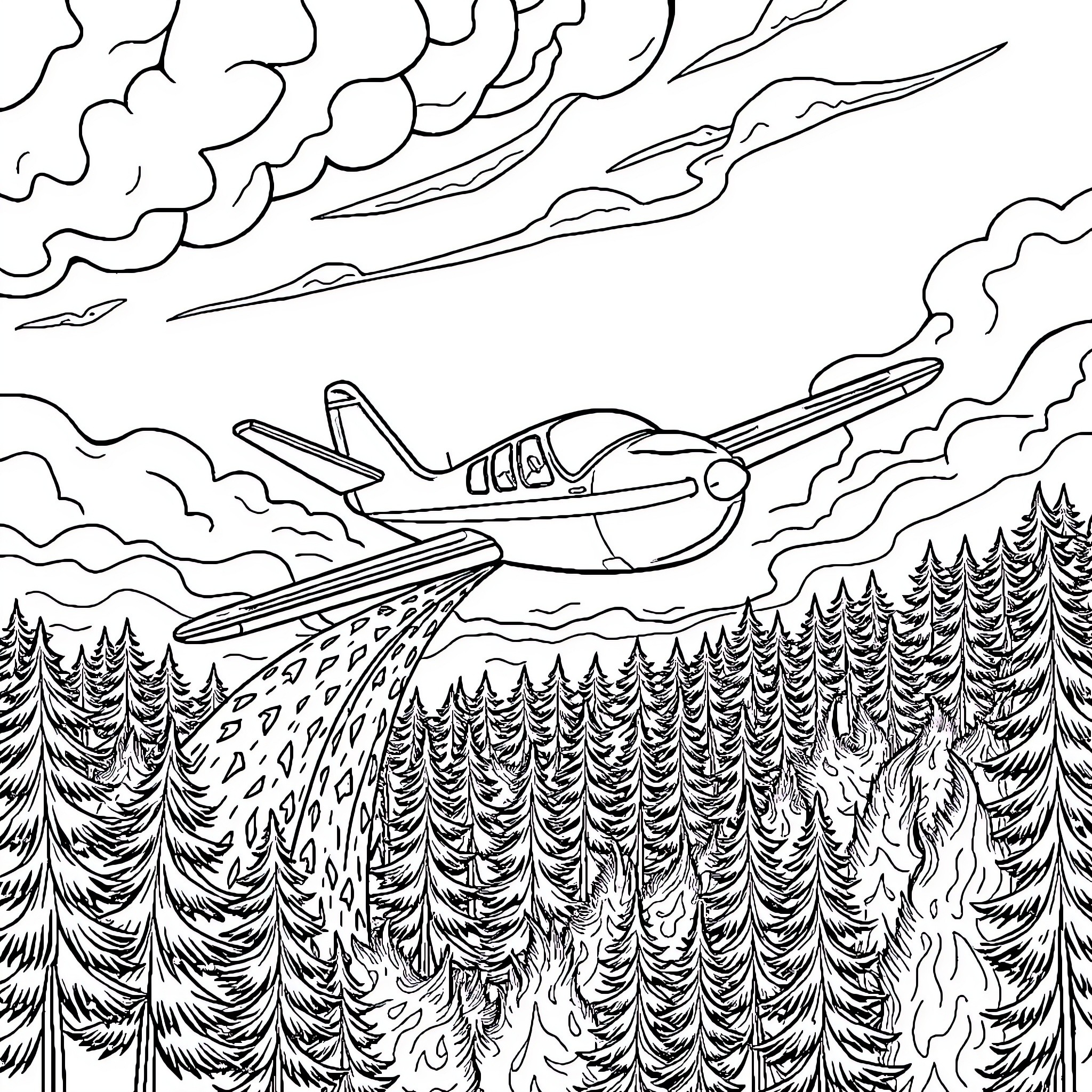 Firefighter Airplane fighting forest fire Coloring Page (free black-and-white line drawing printable PDF for all, from beginners to advanced learners, including children, teens, adults, and seniors)