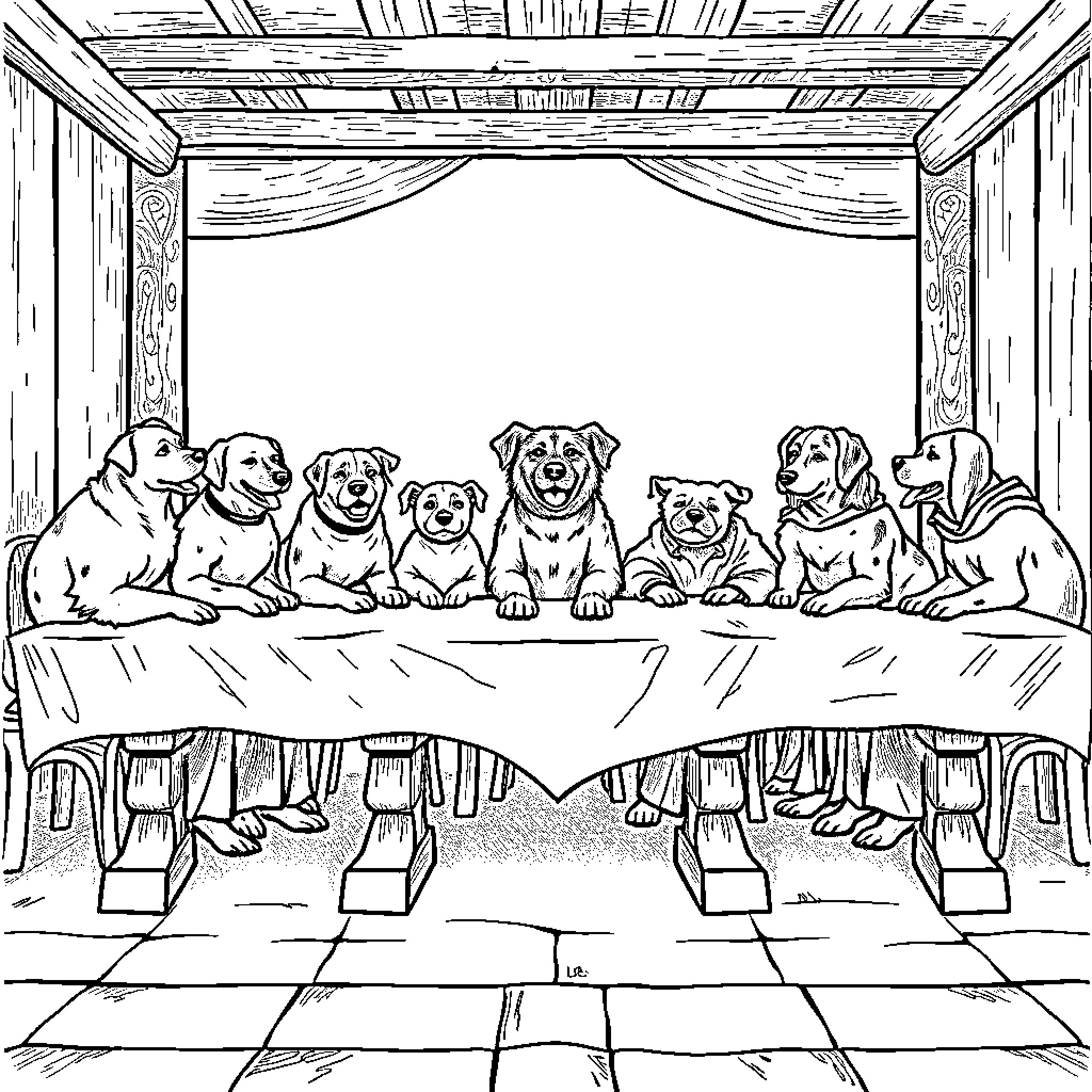 Dogs Gathered for a Formal Occasion Coloring Page (free black-and-white line drawing printable PDF for all, from beginners to advanced learners, including children, teens, adults, and seniors)