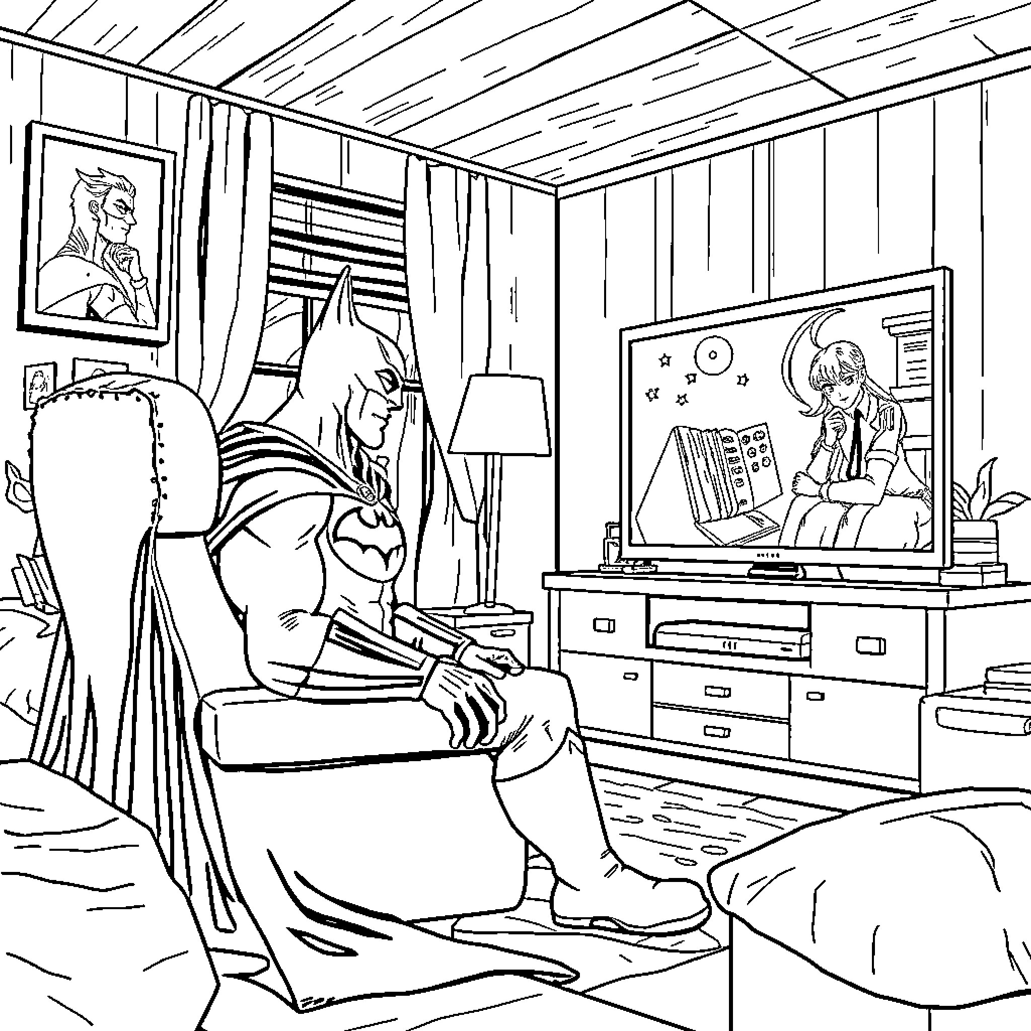 Batman relaxing at home with TV Coloring Page (free black-and-white line drawing printable PDF for all, from beginners to advanced learners, including children, teens, adults, and seniors)