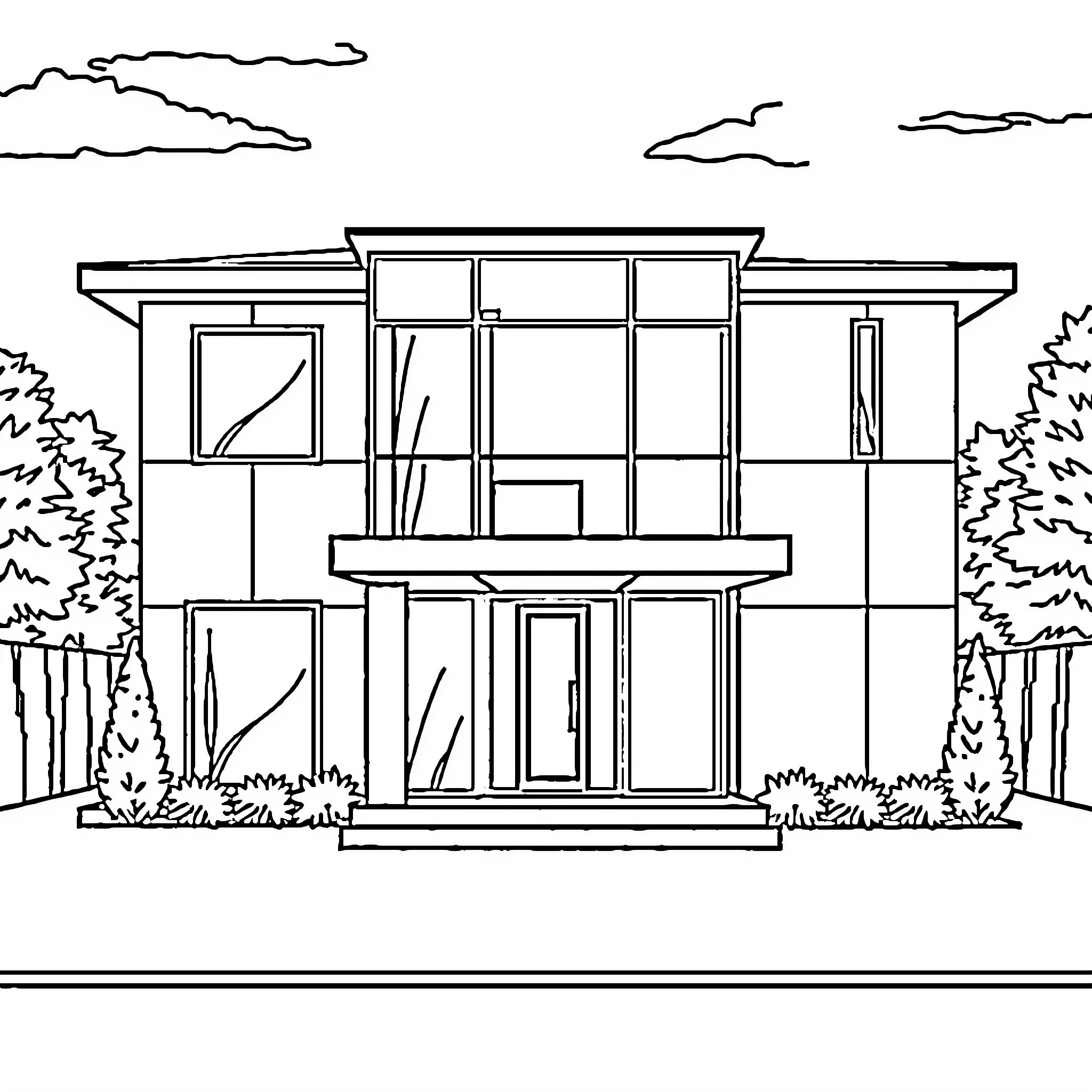 House with modern architectural design Coloring Page (free black-and-white line drawing printable PDF for all, from beginners to advanced learners, including children, teens, adults, and seniors)