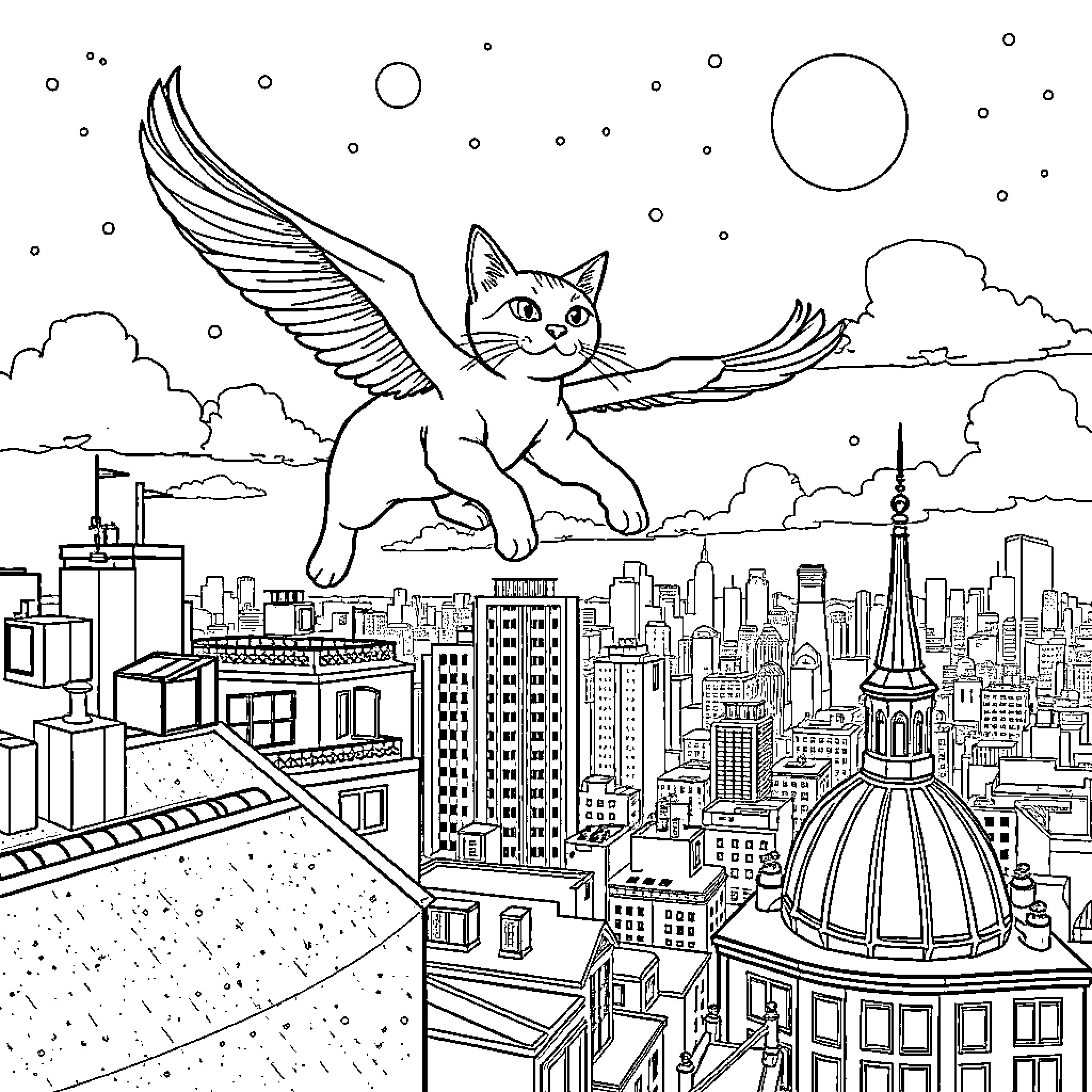 Cat with wings soaring over cityscape Coloring Page (free black-and-white line drawing printable PDF for all, from beginners to advanced learners, including children, teens, adults, and seniors)