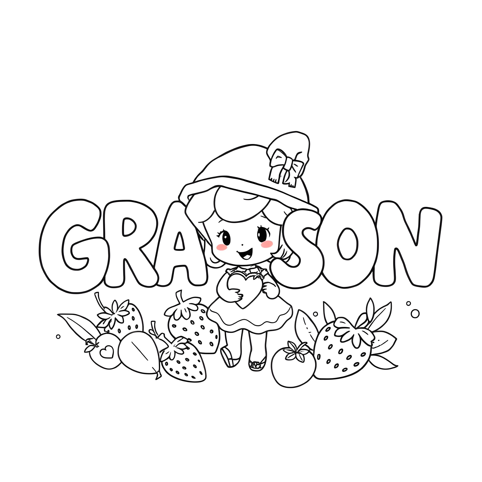 Grayson's Strawberry Adventure Coloring Page (free black-and-white line drawing printable PDF for all, from beginners to advanced learners, including children, teens, adults, and seniors)
