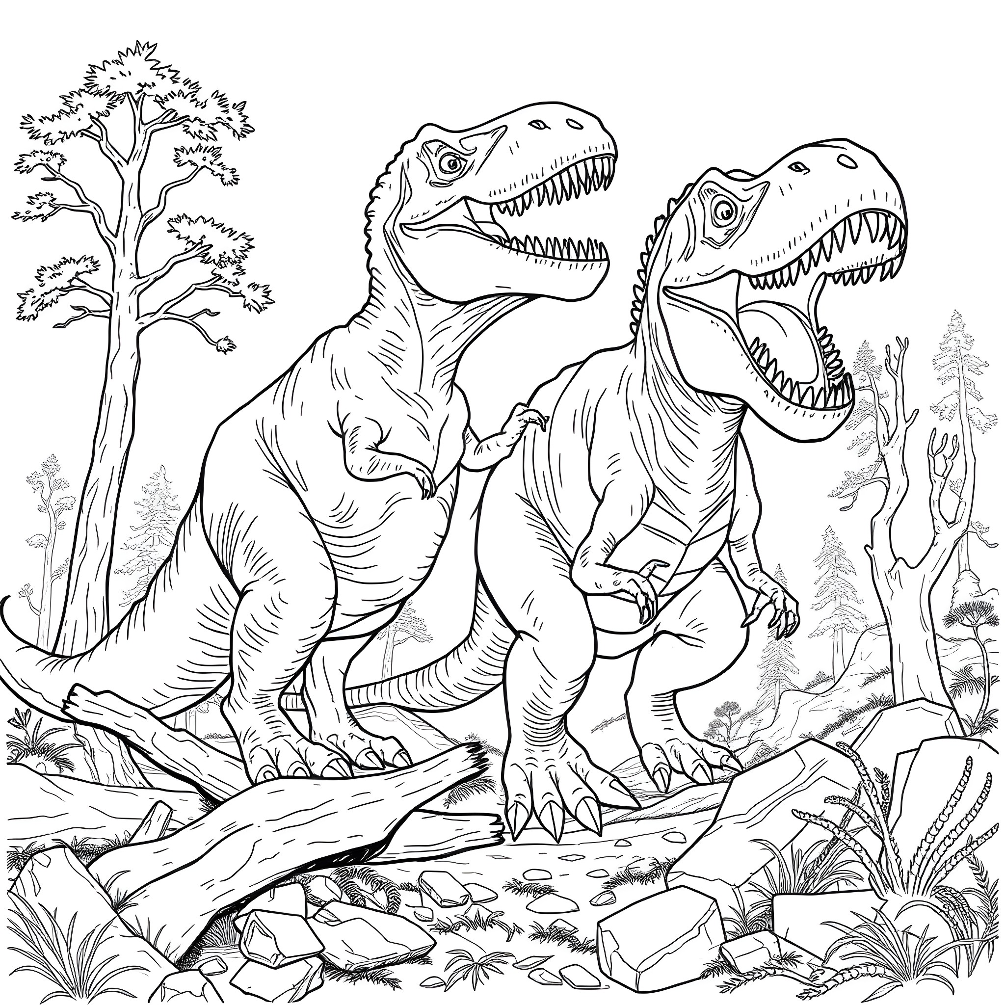 T-Rex Duo Roaming Prehistoric Landscape Coloring Page (free black-and-white line drawing printable PDF for all, from beginners to advanced learners, including children, teens, adults, and seniors)