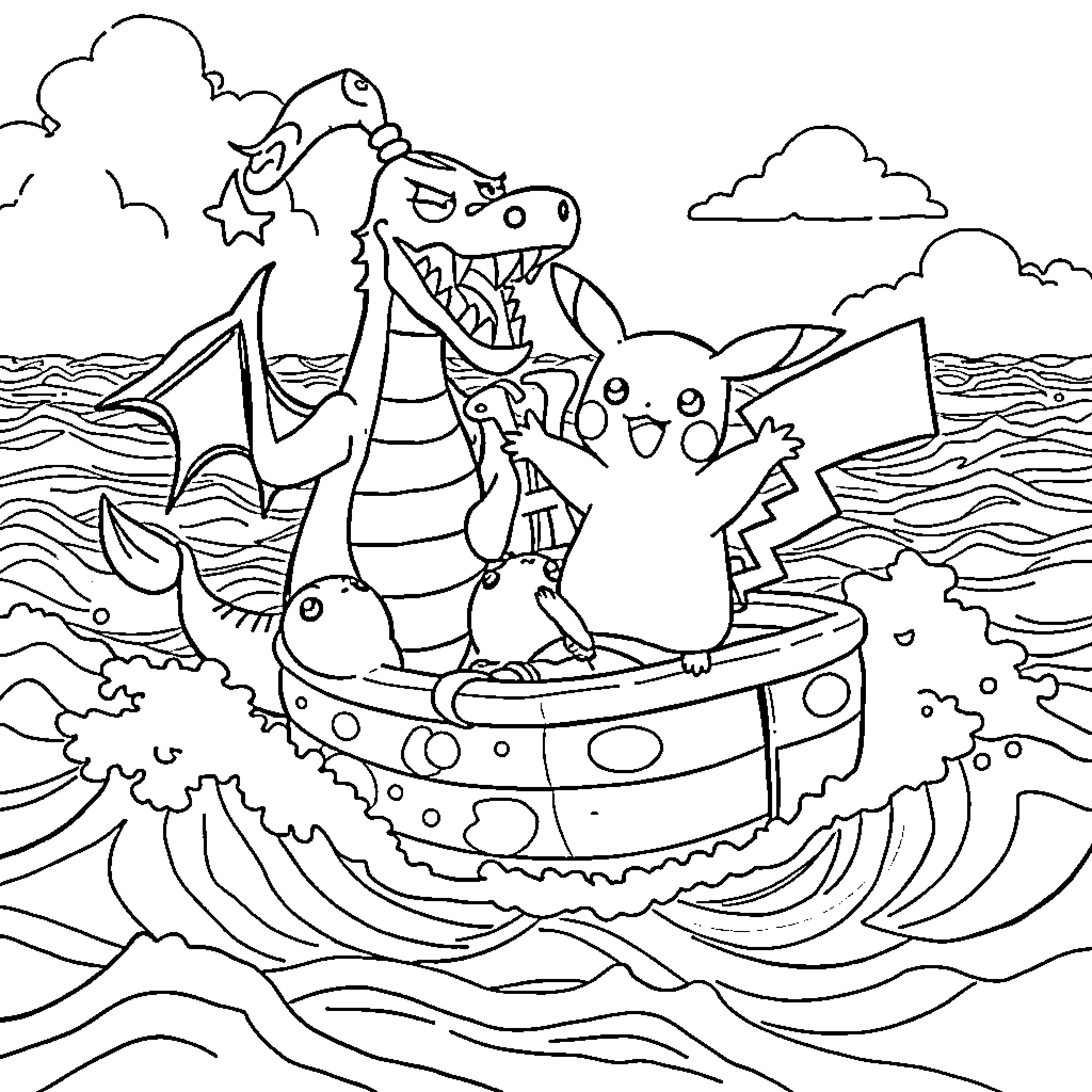 Pikachu and friends enjoying a boat ride adventure Coloring Page (free black-and-white line drawing printable PDF for all, from beginners to advanced learners, including children, teens, adults, and seniors)