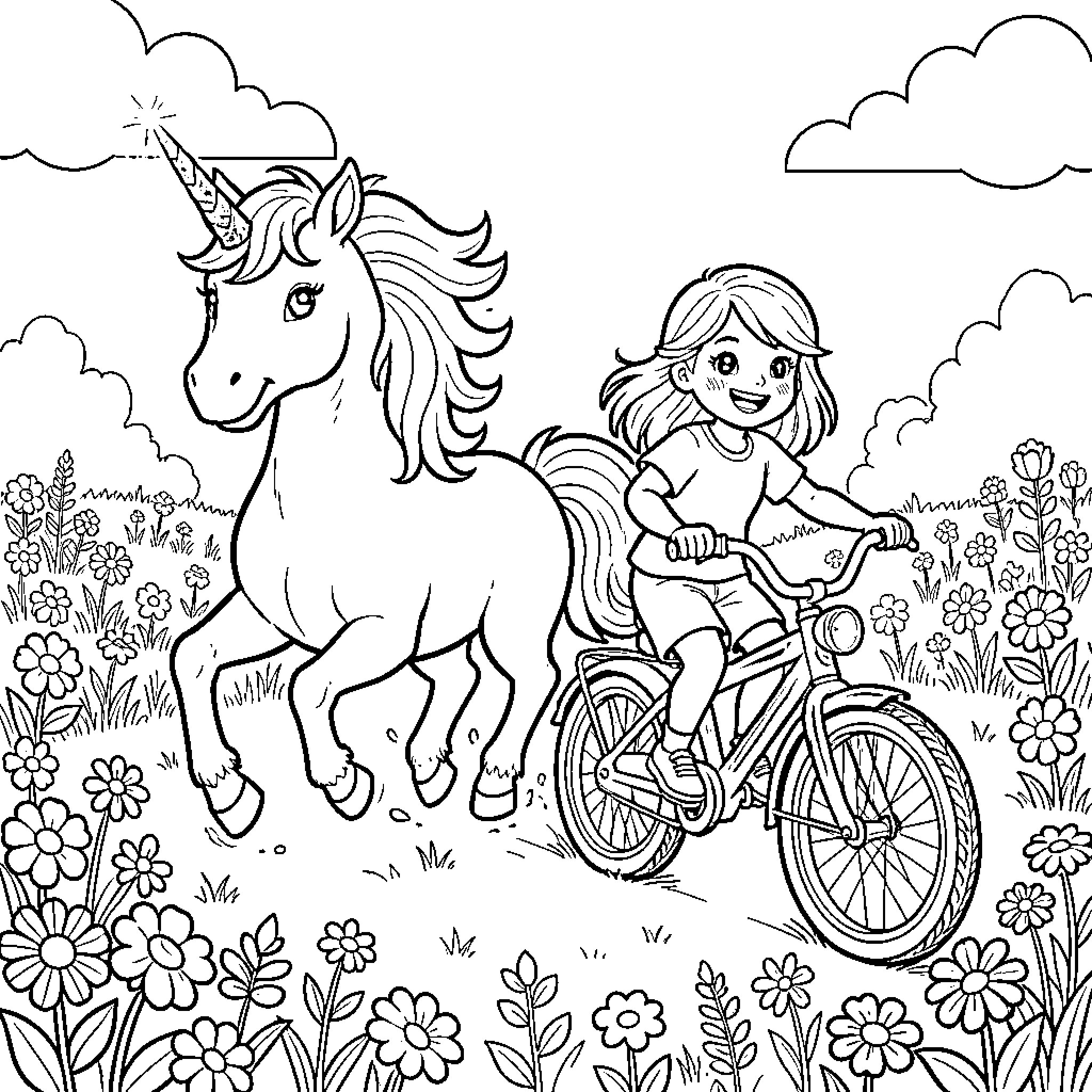 Unicorn and Girl Exploring the Magical Garden Coloring Page (free black-and-white line drawing printable PDF for all, from beginners to advanced learners, including children, teens, adults, and seniors)