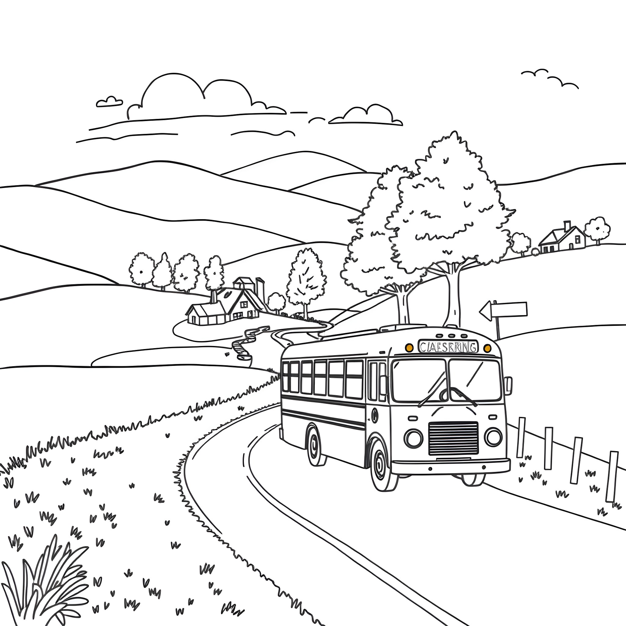 Bus Traveling Through Scenic Rural Landscape Coloring Page (free black-and-white line drawing printable PDF for all, from beginners to advanced learners, including children, teens, adults, and seniors)