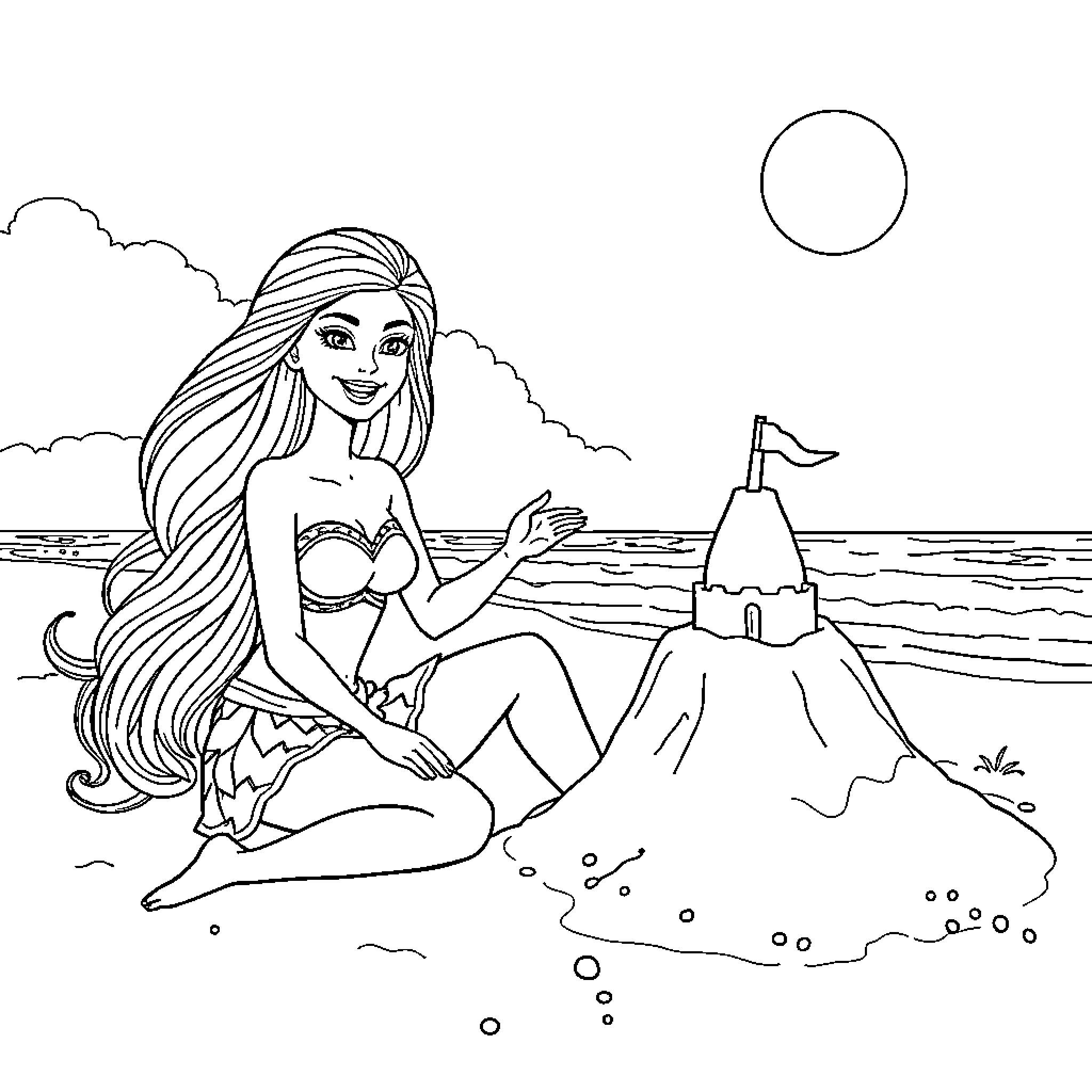 Barbie enjoying a day at the beach Coloring Page (free black-and-white line drawing printable PDF for all, from beginners to advanced learners, including children, teens, adults, and seniors)