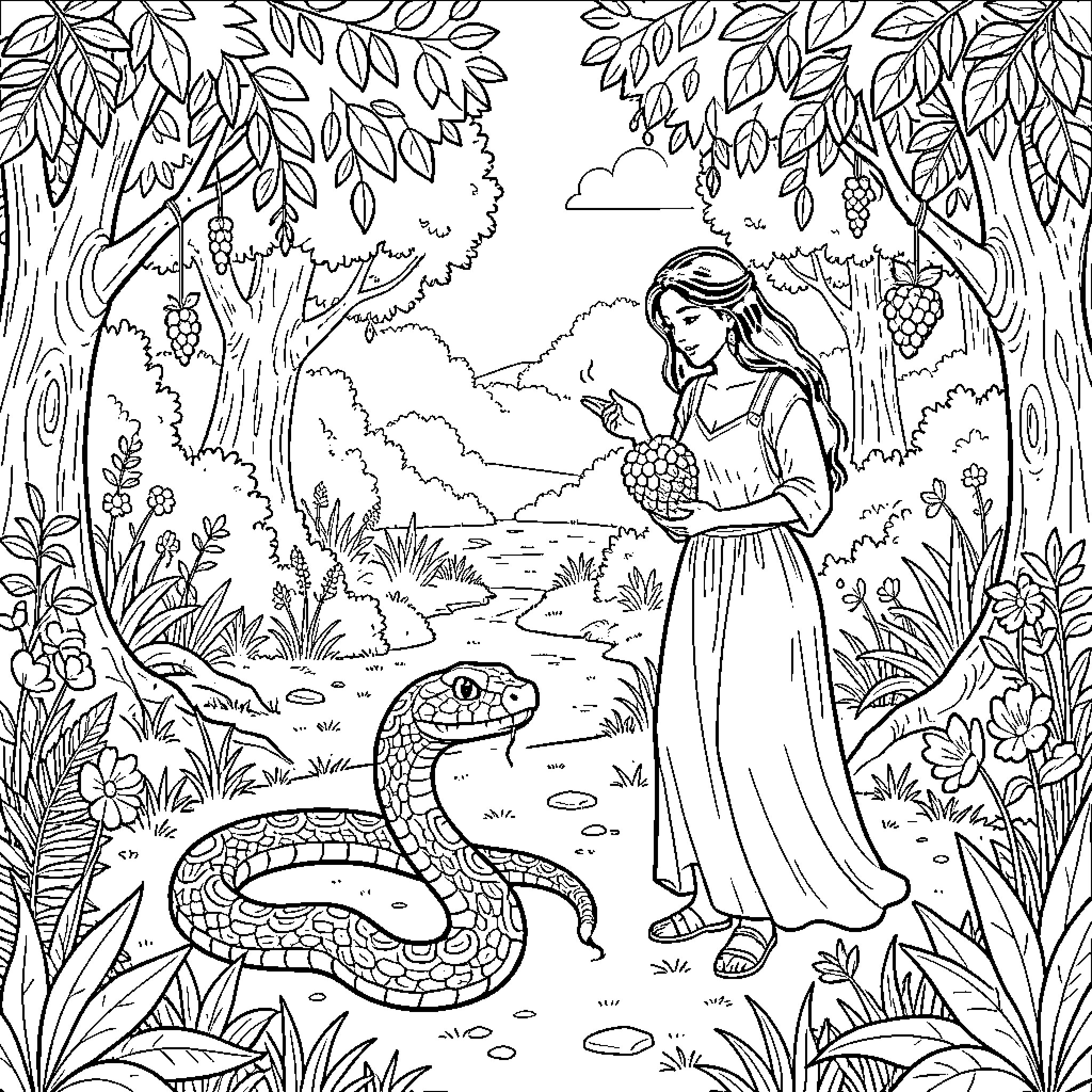 Adam and Eve encountering a snake in a garden Coloring Page (free black-and-white line drawing printable PDF for all, from beginners to advanced learners, including children, teens, adults, and seniors)