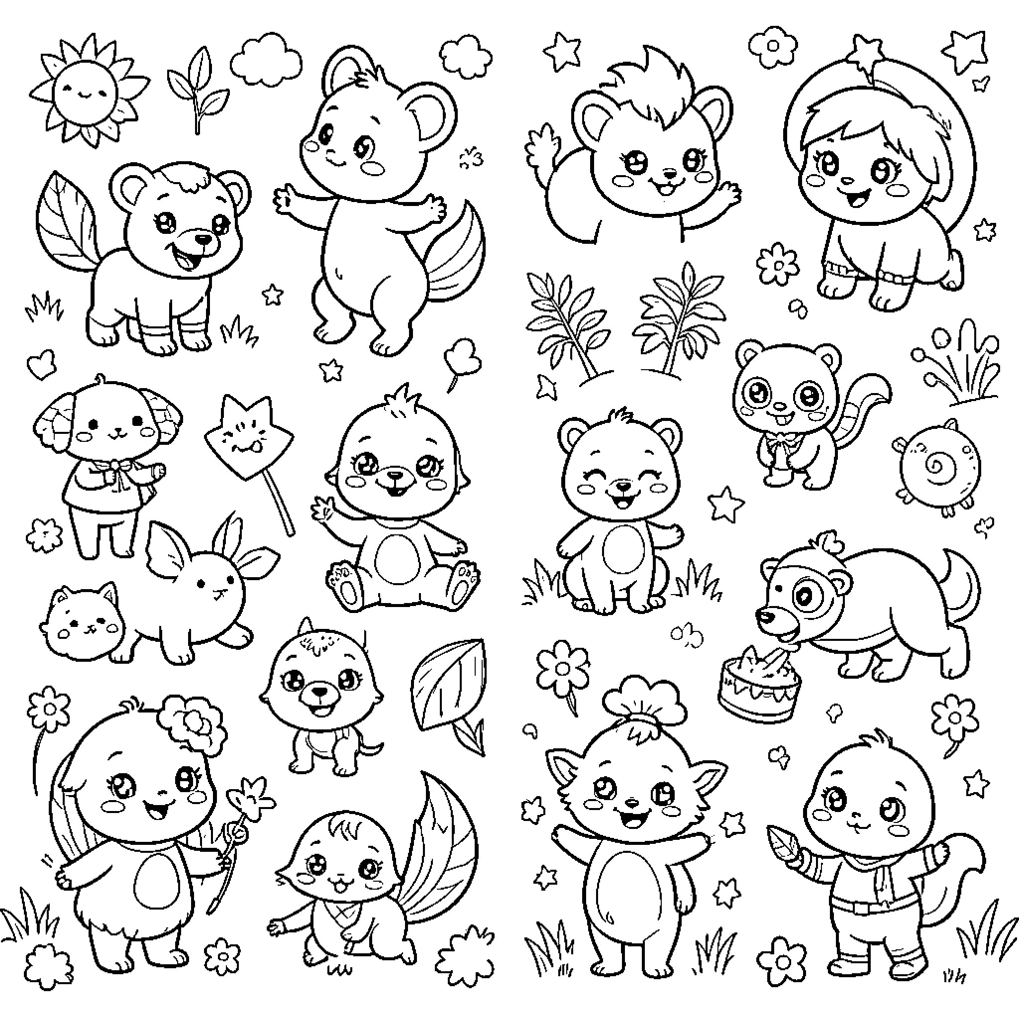 Kid's Cute Cartoon Animal Friends Coloring Page (free black-and-white line drawing printable PDF for all, from beginners to advanced learners, including children, teens, adults, and seniors)