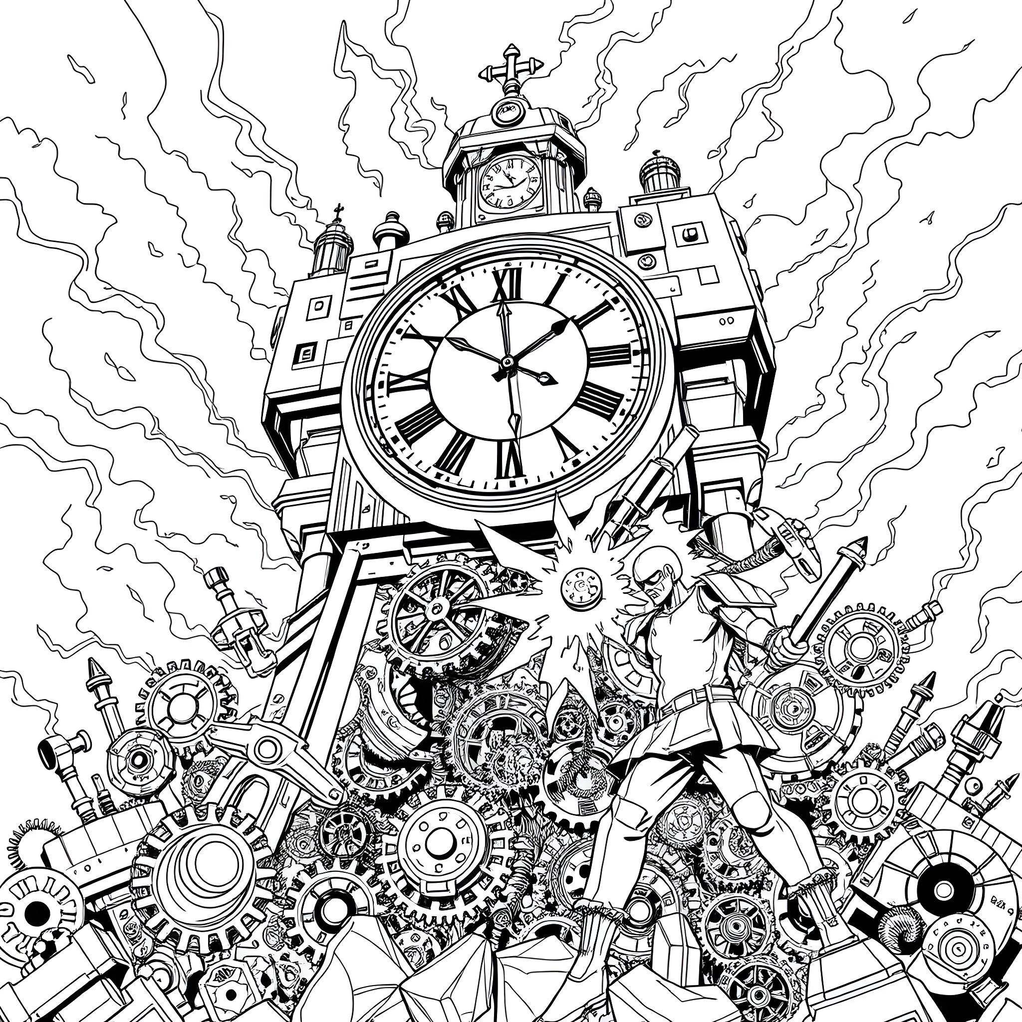 Titan's Mechanical Revelry Coloring Page (free black-and-white line drawing printable PDF for all, from beginners to advanced learners, including children, teens, adults, and seniors)