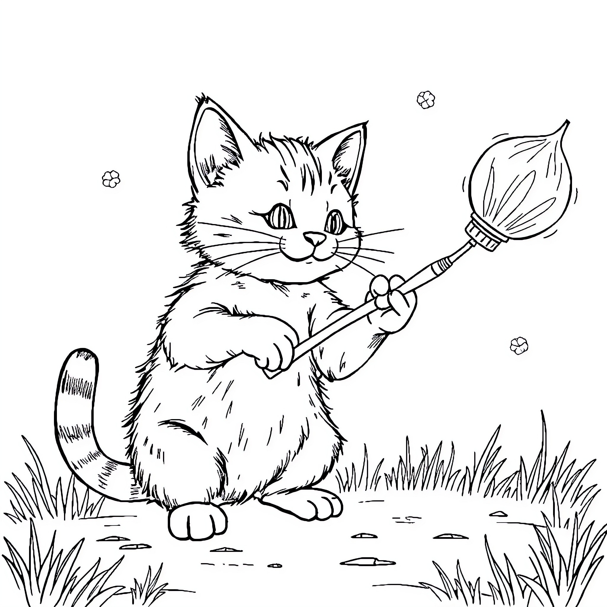Cat playing with a magic wand in the grass Coloring Page (free black-and-white line drawing printable PDF for all, from beginners to advanced learners, including children, teens, adults, and seniors)