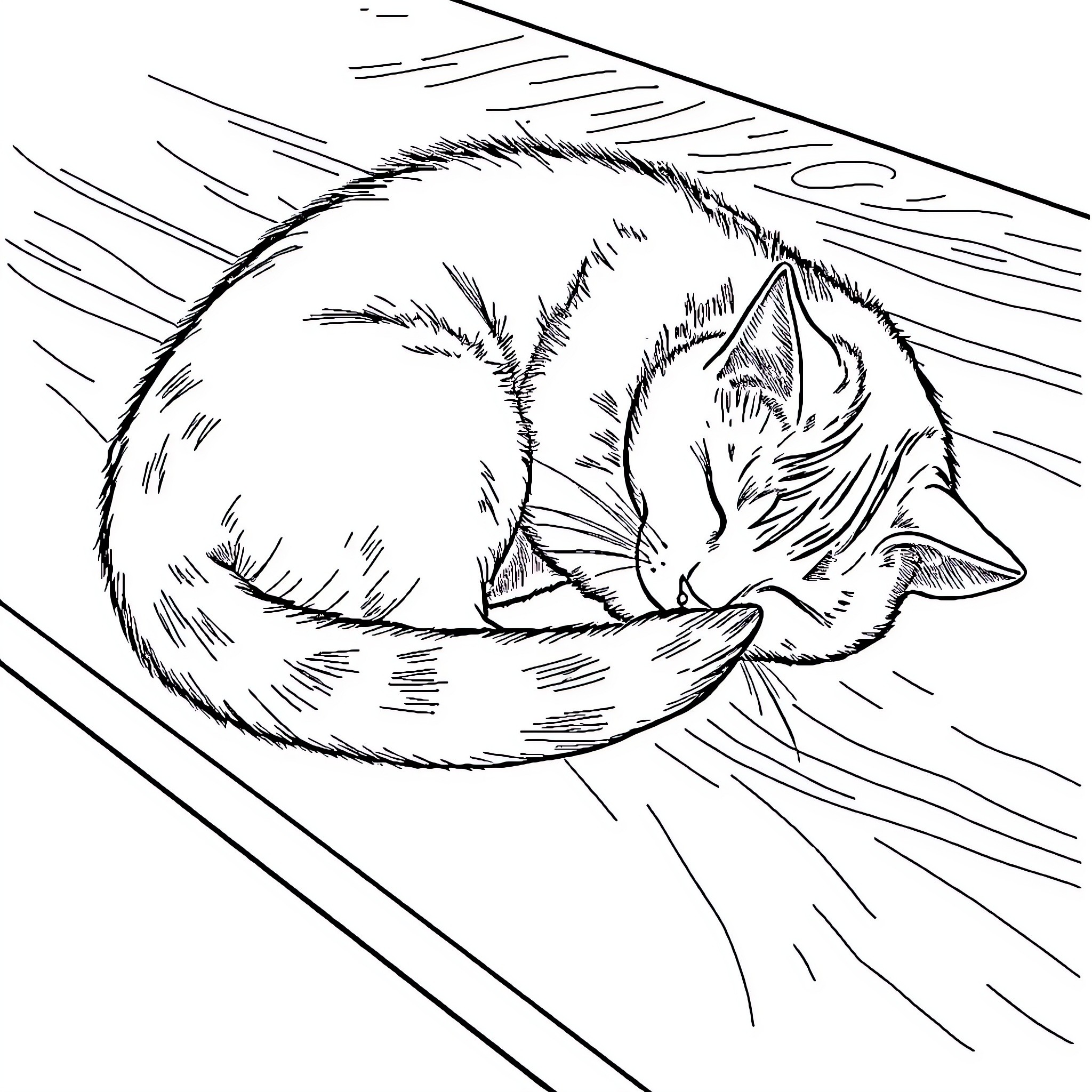 Cat curled up and resting peacefully Coloring Page (free black-and-white line drawing printable PDF for all, from beginners to advanced learners, including children, teens, adults, and seniors)