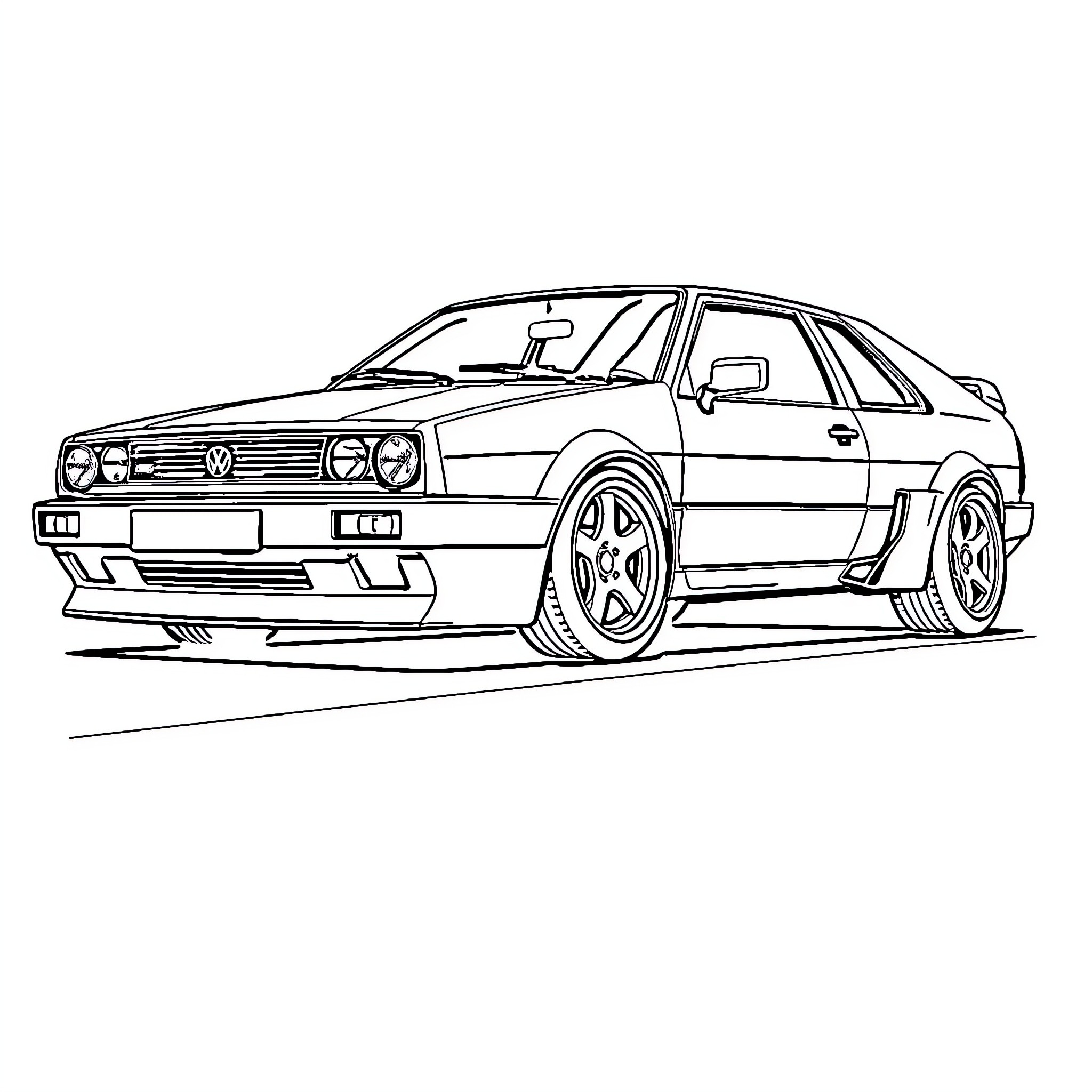 Volkswagen sports car in dynamic pose Coloring Page (free black-and-white line drawing printable PDF for all, from beginners to advanced learners, including children, teens, adults, and seniors)