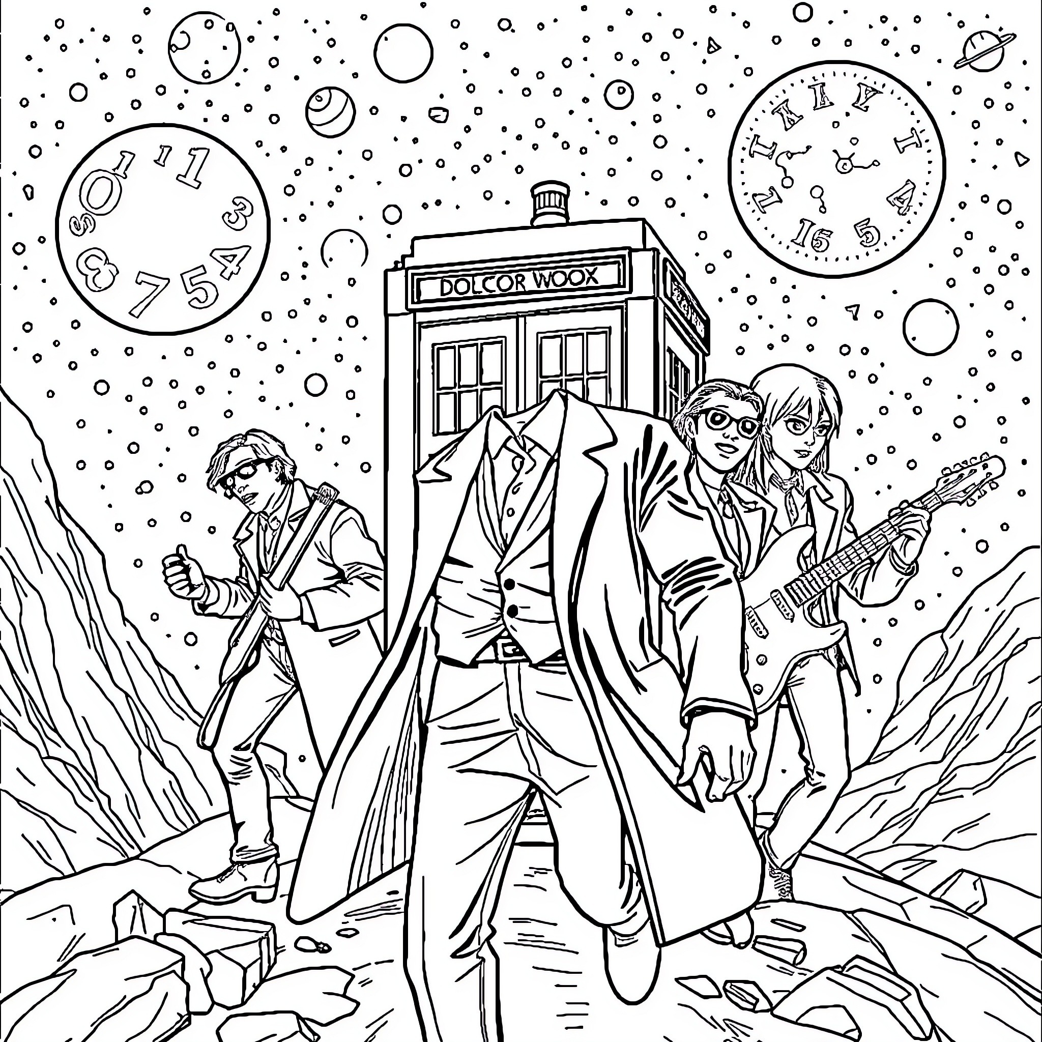 Doctor Who on an intergalactic adventure Coloring Page (free black-and-white line drawing printable PDF for all, from beginners to advanced learners, including children, teens, adults, and seniors)