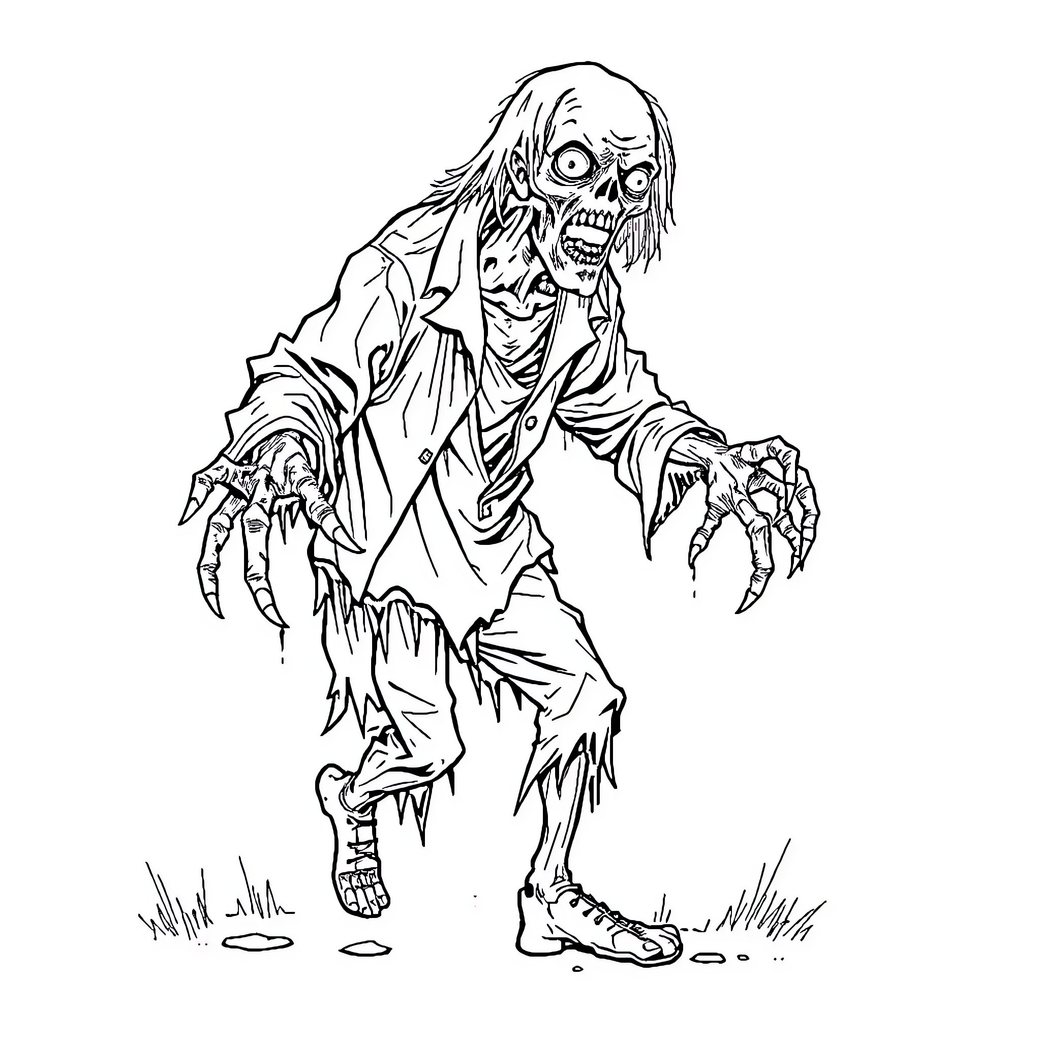 Zombie creature with menacing expression and tattered clothes Coloring Page (free black-and-white line drawing printable PDF for all, from beginners to advanced learners, including children, teens, adults, and seniors)