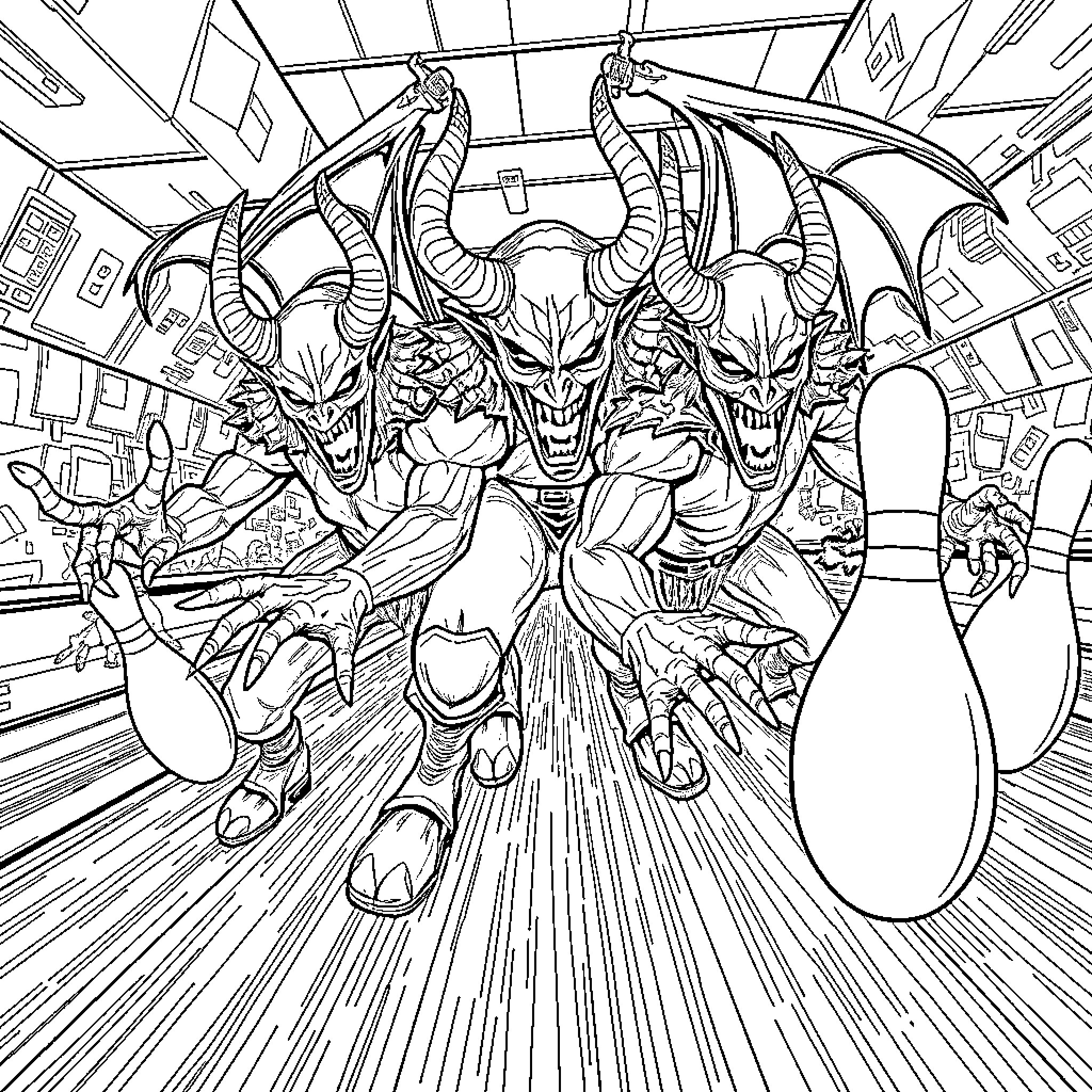 Demon Slayer Attacking Fiendish Entities in Chaotic Scene Coloring Page (free black-and-white line drawing printable PDF for all, from beginners to advanced learners, including children, teens, adults, and seniors)